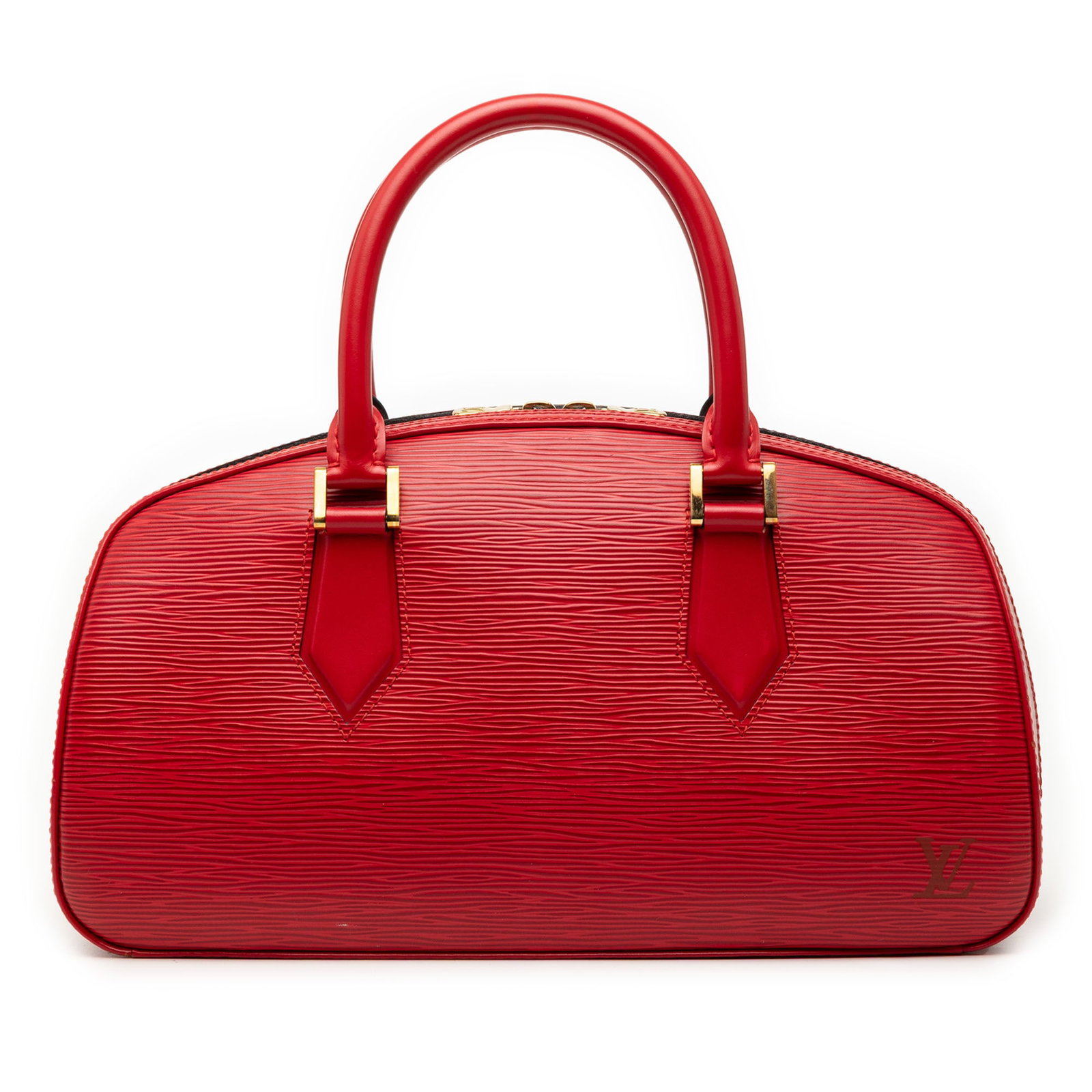 Red Epi Leather Jasmine Handbag by Louis Vuitton France: Red Epi Leather Jasmine Handbag by Louis Vuitton France This Louis Vuitton Epi Jasmine handbag features a distinctive red epi leather body with rolled leather handles and a top zip closure. The interi