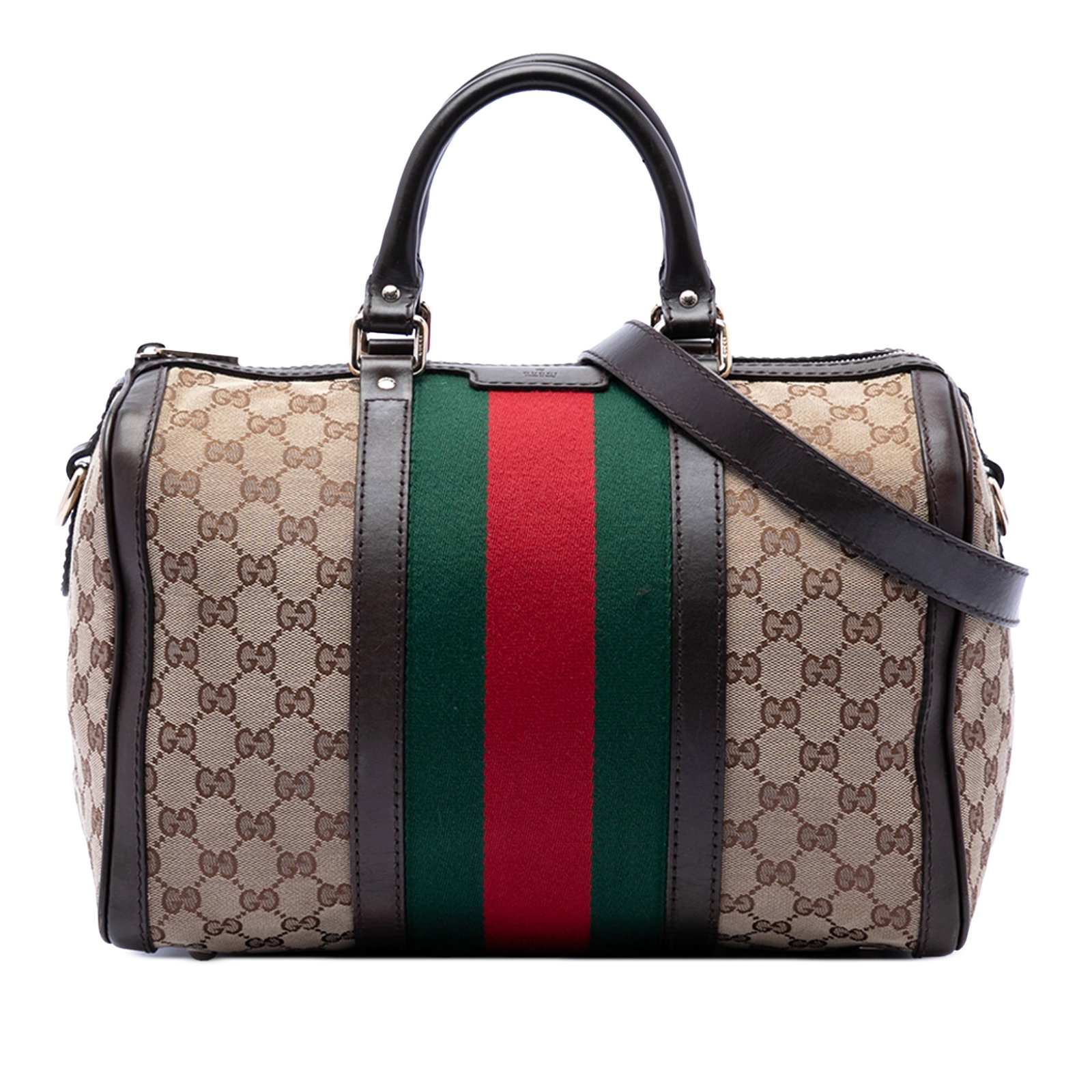 Gucci Joy Boston Satchel Medium GG Canvas Web Beige: Gucci Joy Boston Satchel Medium GG Canvas Web Beige A Gucci Medium GG Canvas Web Joy Boston Bag satchel made in Italy. It features a canvas body with leather trim and web detail, rolled leather handle