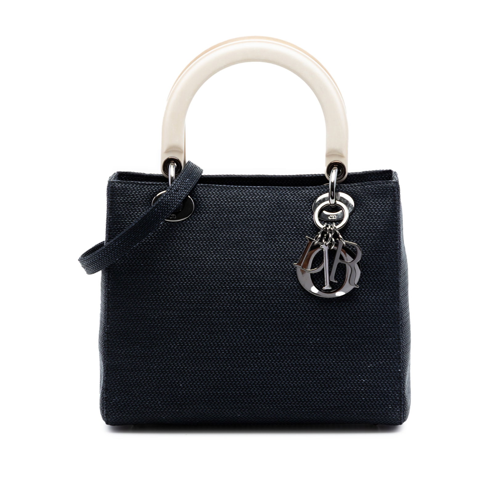 Dior Lady Dior Medium Blue Nylon Handbag: Dior Lady Dior Medium Blue Nylon Handbag This Medium Lady Dior bag is crafted in blue nylon with resin top handles and a detachable flat nylon strap. It features a top zip closure and an interior zip 