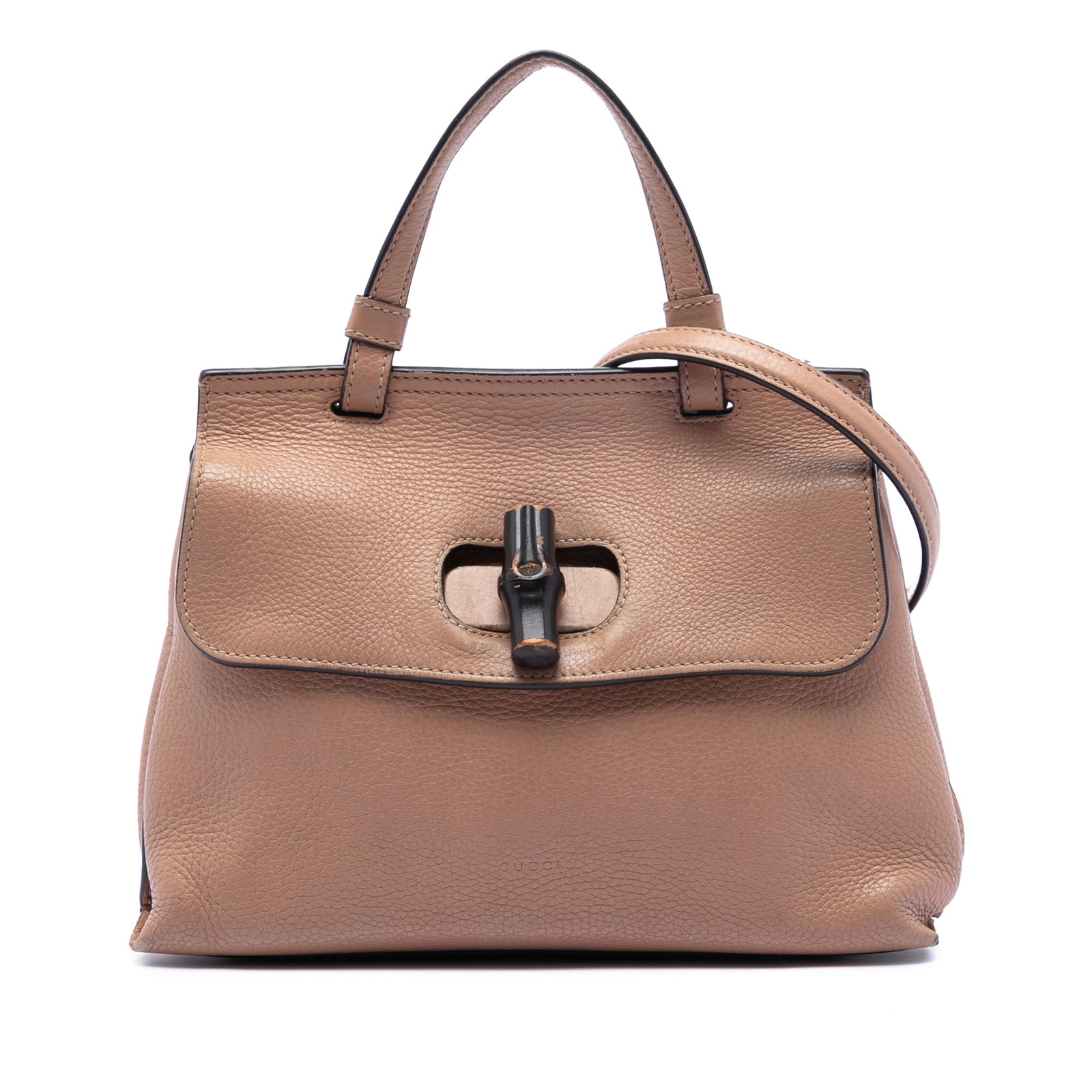 Gucci Brown Leather Bamboo Satchel with Detachable Strap: Gucci Brown Leather Bamboo Satchel with Detachable Strap This Gucci Small Leather Bamboo Daily Satchel features a brown leather body with a flat top handle and a detachable flat leather strap. The bag