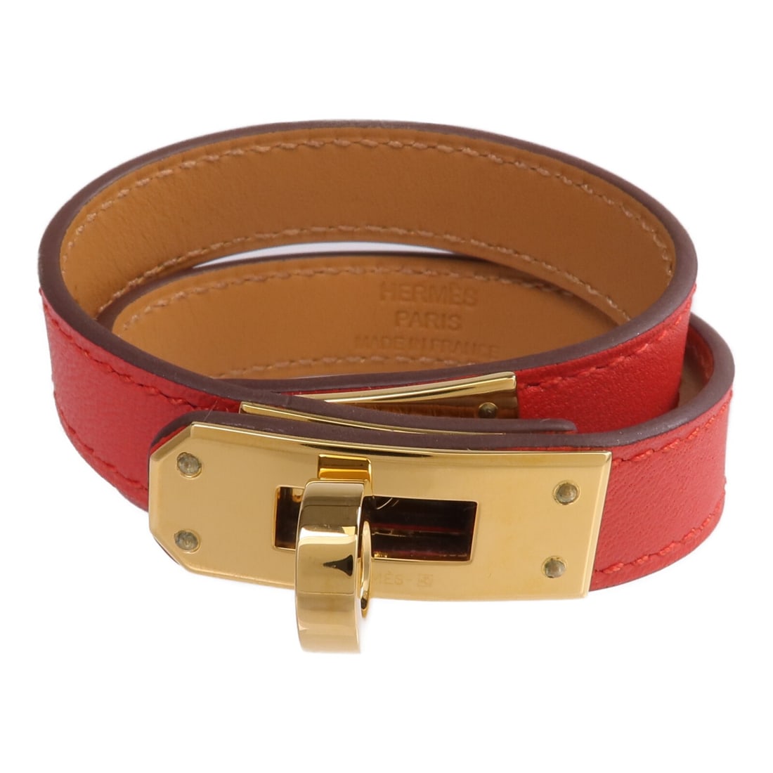 Hermes Kelly Double Tour Bracelet Red Swift Calfskin Gold Tone: Hermes Kelly Double Tour Bracelet Red Swift Calfskin Gold Tone Hermes Kelly Double Tour bracelet in red Swift leather and calfskin (cowhide), designed for women. It comes with a double-wrap style and 