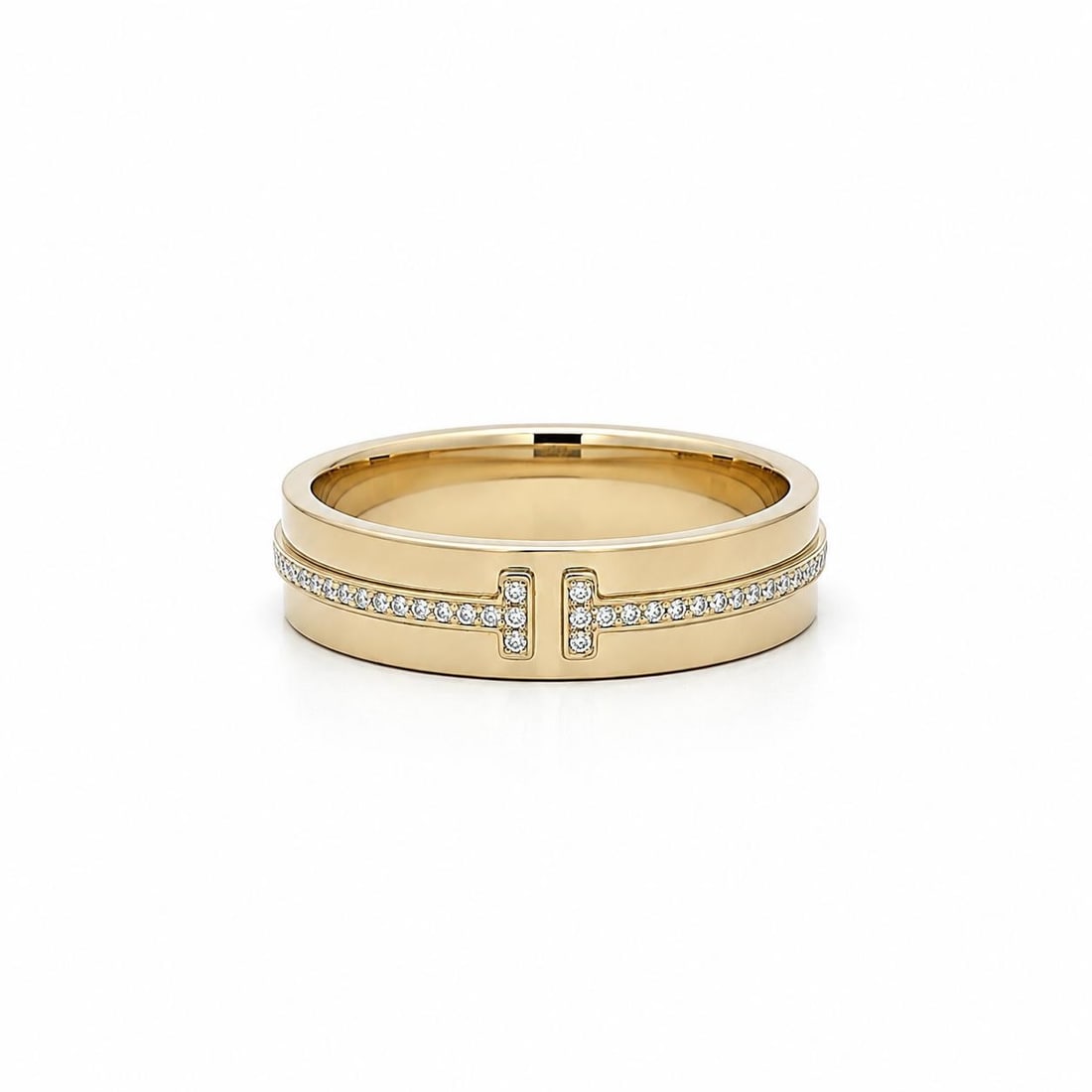 Tiffany & Co T Wide Eternity Band Ring 18k Yellow Gold Diamond Size 10.5: Tiffany & Co T Wide Eternity Band Ring 18k Yellow Gold Diamond Size 10.5 This Tiffany & Co. wide eternity band ring is crafted in 18k yellow gold and features numerous natural round brilliant-cut pave