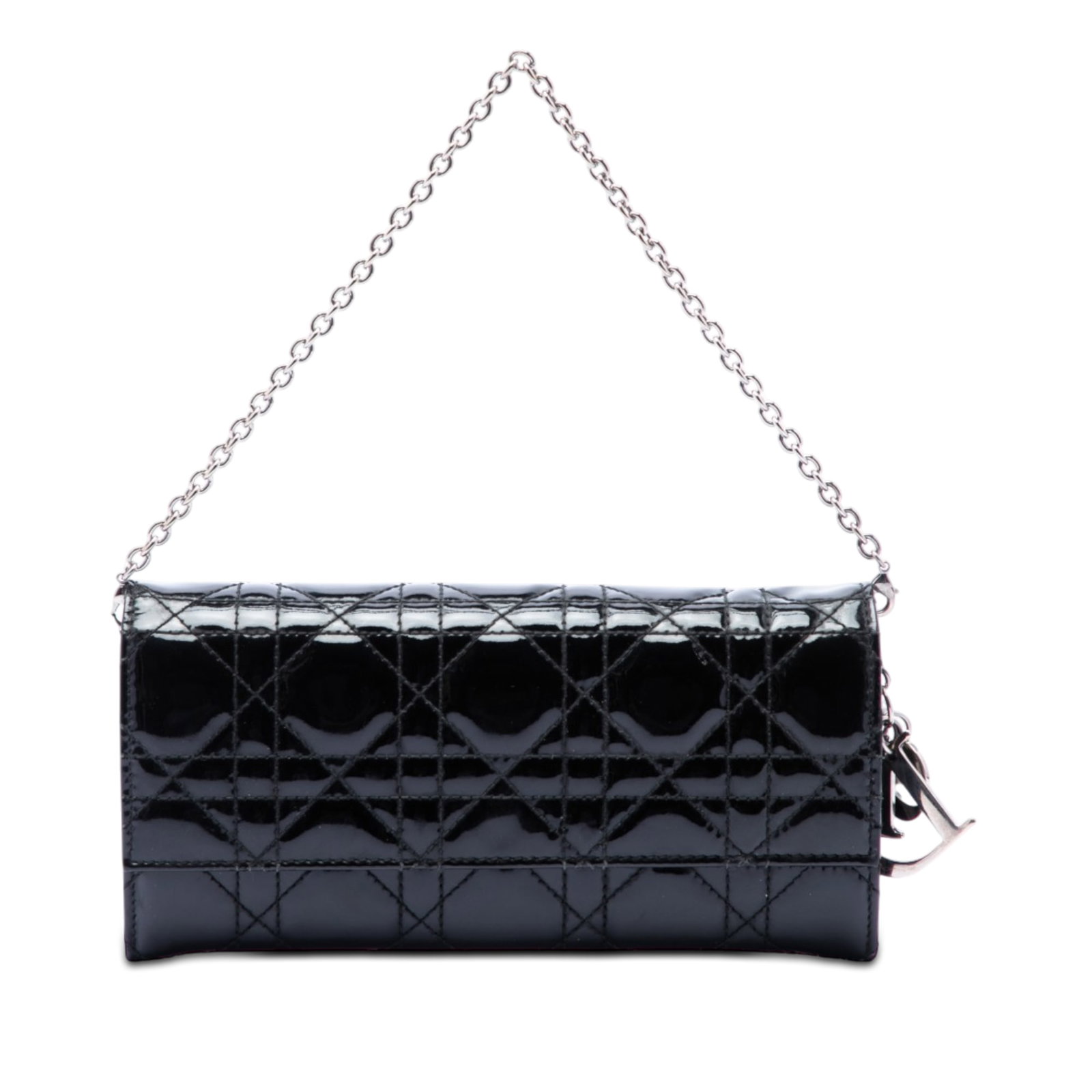 Dior Lady Dior Cannage Patent Leather Chain Wallet Black: Dior Lady Dior Cannage Patent Leather Chain Wallet Black A Dior Lady Dior wallet on chain crafted in black patent leather with the signature Cannage quilted design. It features a detachable chain link