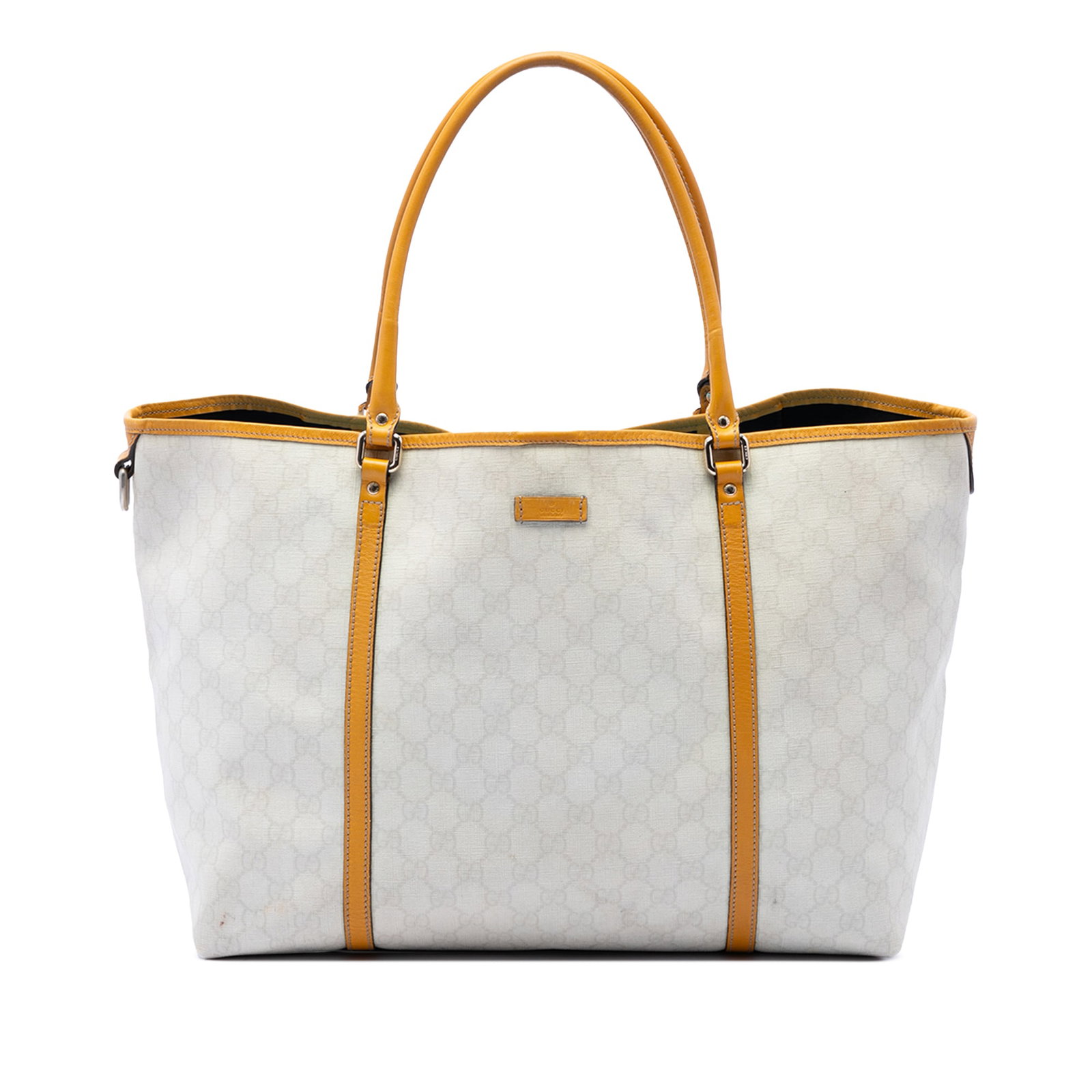 Gucci Joy Tote Large GG Supreme Coated Canvas Bag: Gucci Joy Tote Large GG Supreme Coated Canvas Bag Gucci Large GG Supreme Joy Tote in white, made in Italy. The tote is crafted with a coated canvas body, leather trim, and rolled leather handles. It f
