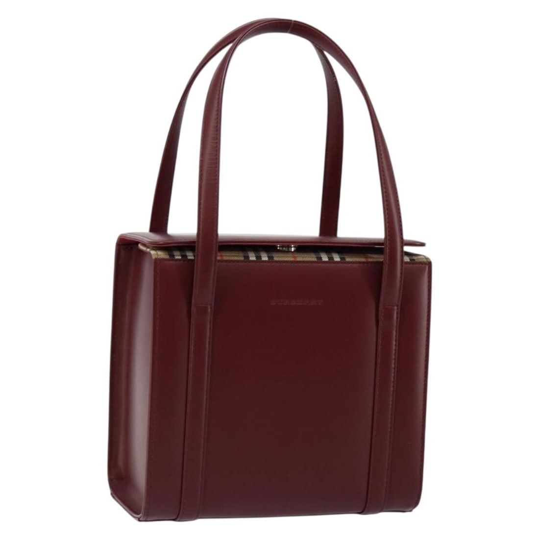 BURBERRY Leather Hand Bag Bordeaux Silver Authentic: BURBERRY Leather Hand Bag Bordeaux Silver Authentic This elegant BURBERRY hand bag is crafted from premium leather in a rich bordeaux color with silver accents. The bag features a compact yet function