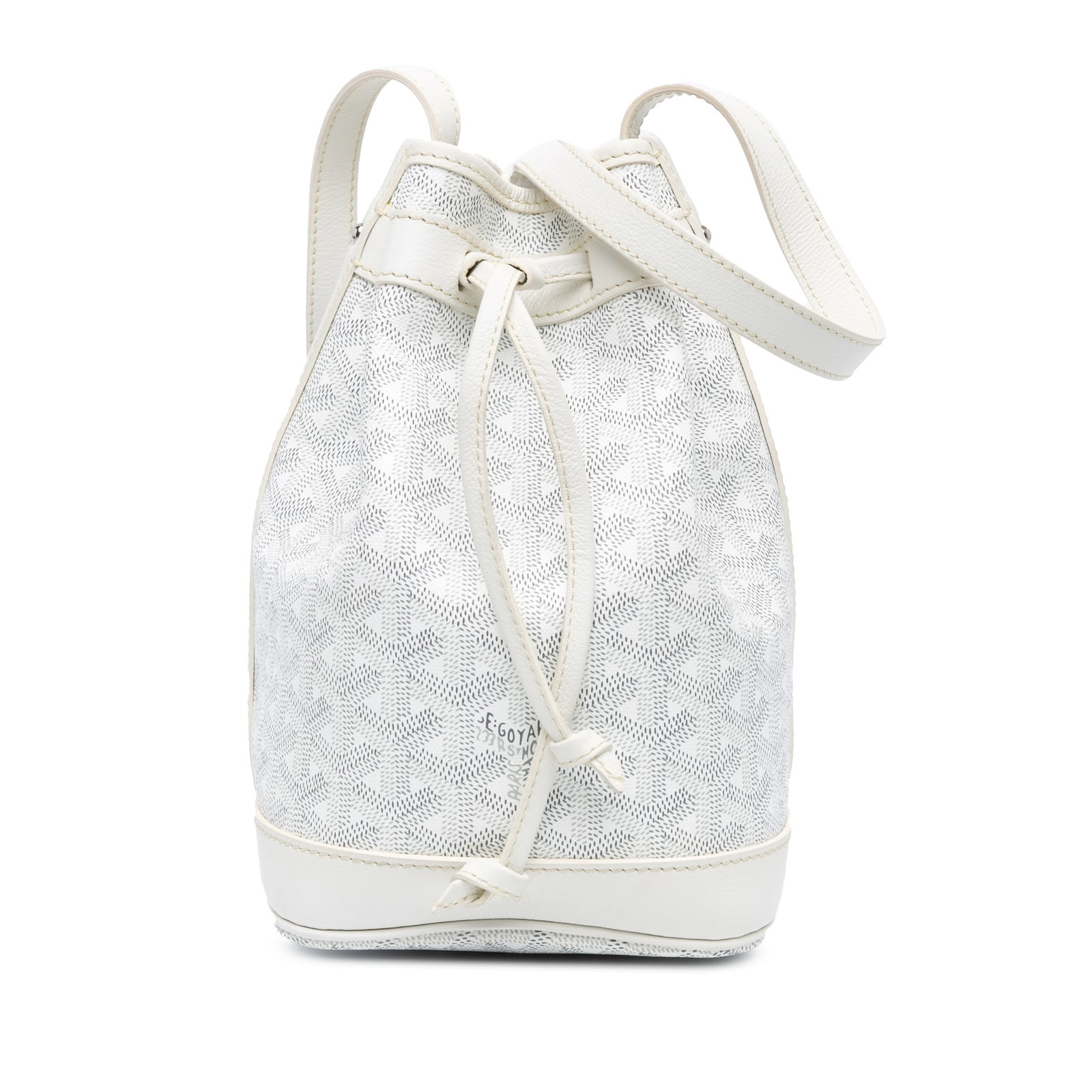 Goyard Goyardine Petit Flot Bucket Bag White Canvas Leather Trim: Goyard Goyardine Petit Flot Bucket Bag White Canvas Leather Trim The Goyardine Petit Flot is a stylish bucket bag crafted from coated canvas with leather trim. It features a flat leather strap and an 