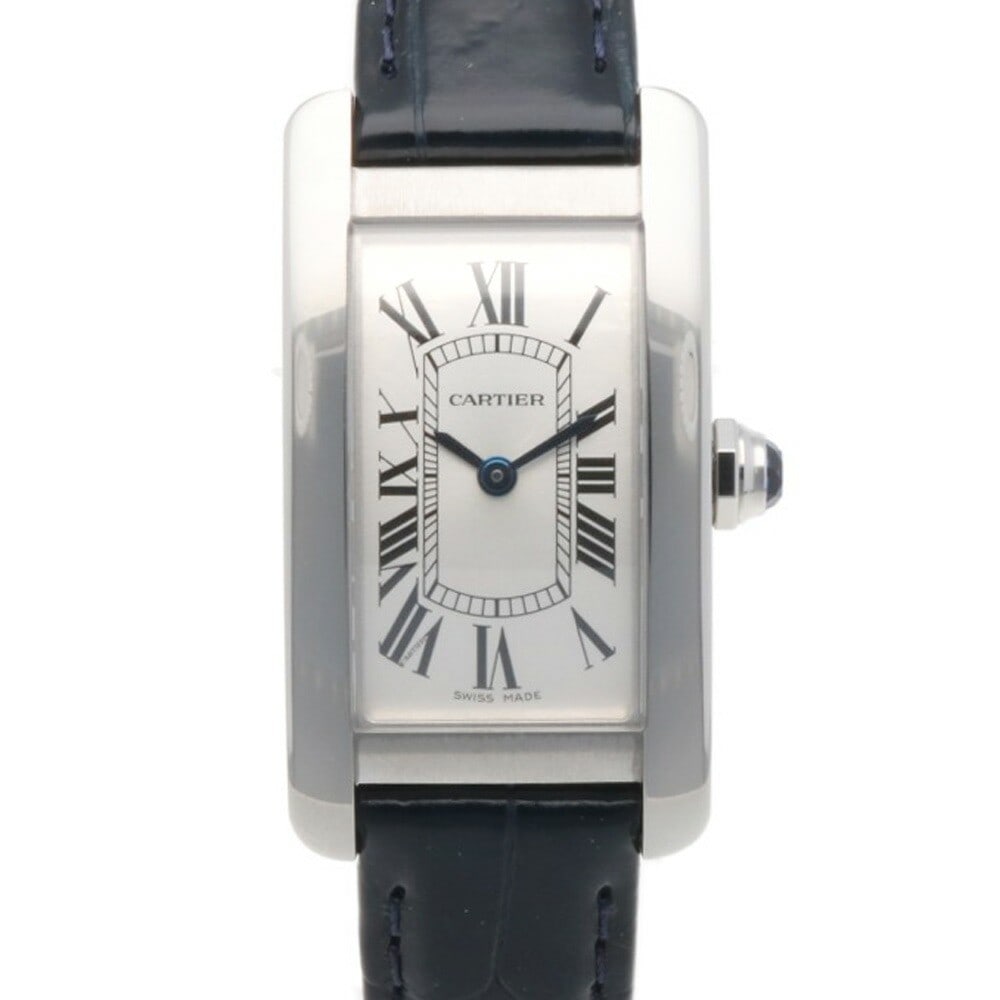 Cartier 4274 Tank Americaine SM ladies quartz stainless wristwatch: Cartier 4274 Tank Americaine SM ladies quartz stainless wristwatch Pre-owned Cartier Tank Americaine SM ladies wristwatch, model 4274, with a silver and navy color scheme. It features a stainless stee