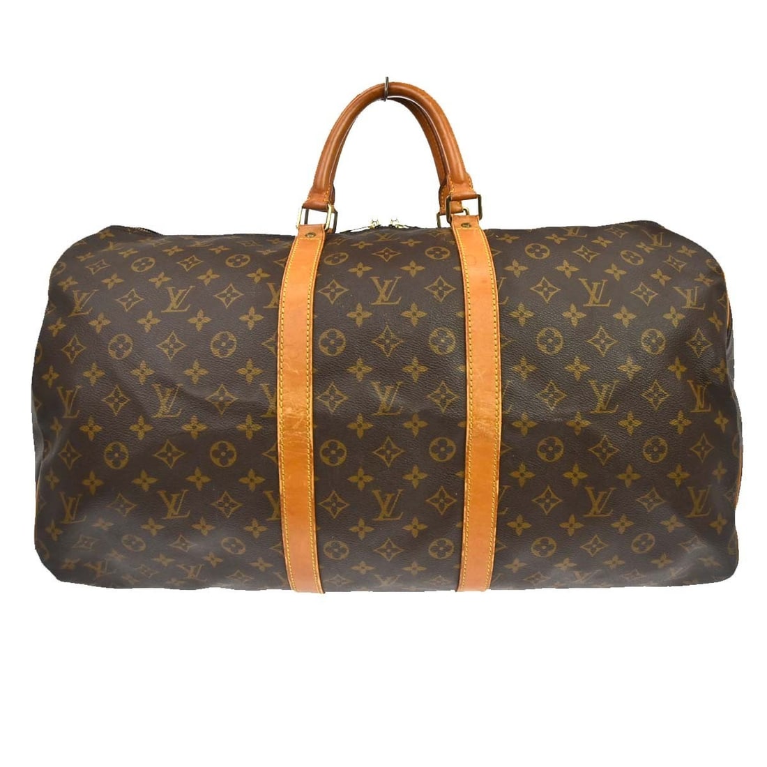 Louis Vuitton Keepall 55 Monogram Travel Duffle Bag M41424: Louis Vuitton Keepall 55 Monogram Travel Duffle Bag M41424 Vintage Louis Vuitton Keepall 55 travel handbag in Monogram canvas with leather trim and double handles. This unisex duffle-style bag feature