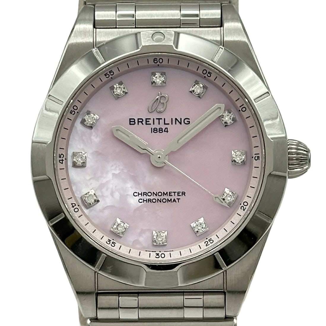 Breitling A72310 Chronomat 28 Womens Pink Dial Steel Wristwatch: Breitling A72310 Chronomat 28 Womens Pink Dial Steel Wristwatch Pre-owned Breitling Chronomat 28 ladies wristwatch in stainless steel with a pink finish and pink dial. It features a quartz movement, 1