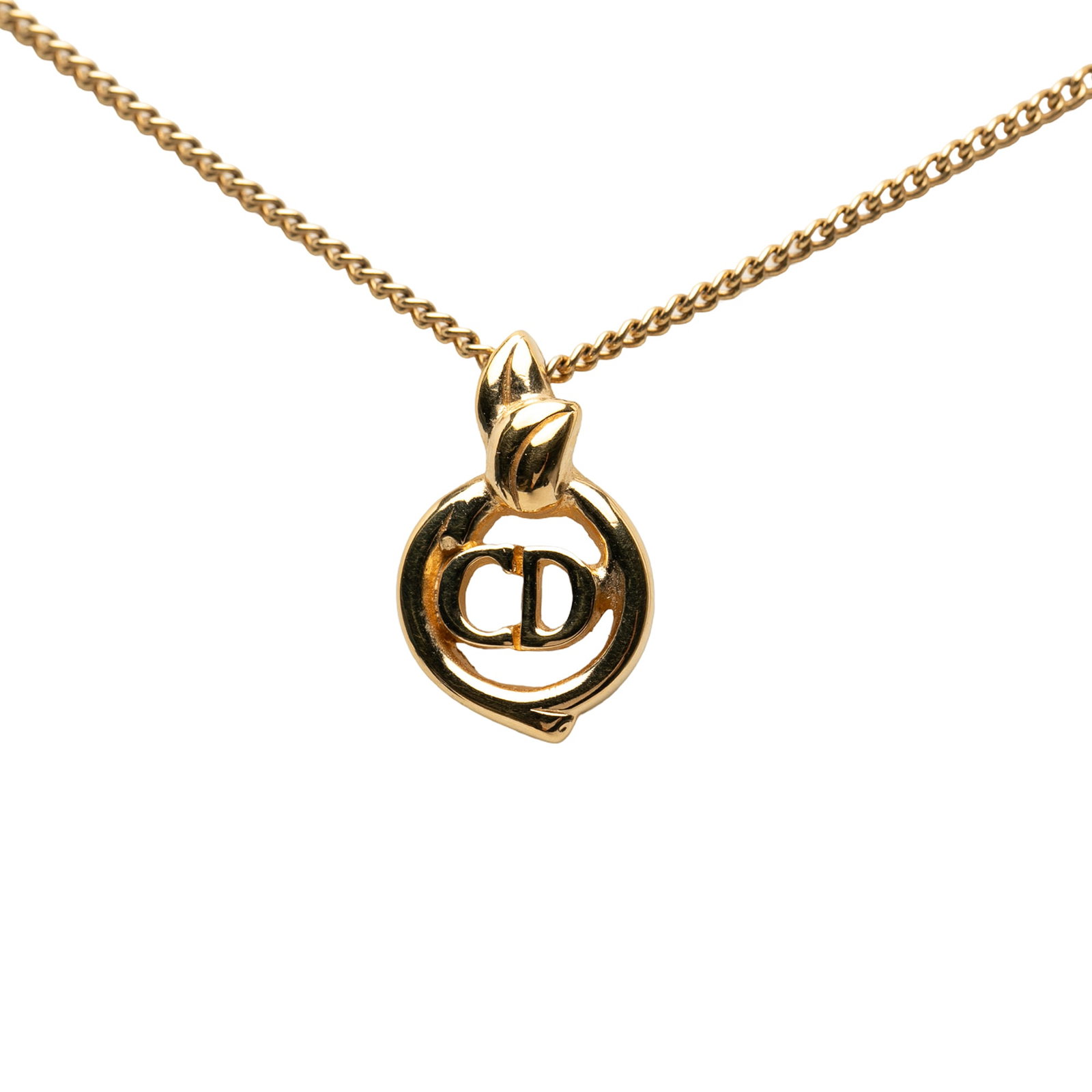 Dior gold plated logo pendant necklace: Dior gold plated logo pendant necklace This Dior necklace features a gold plated metal chain with a prominent CD logo pendant. It is secured with a lobster clasp closure. The piece is classified as co