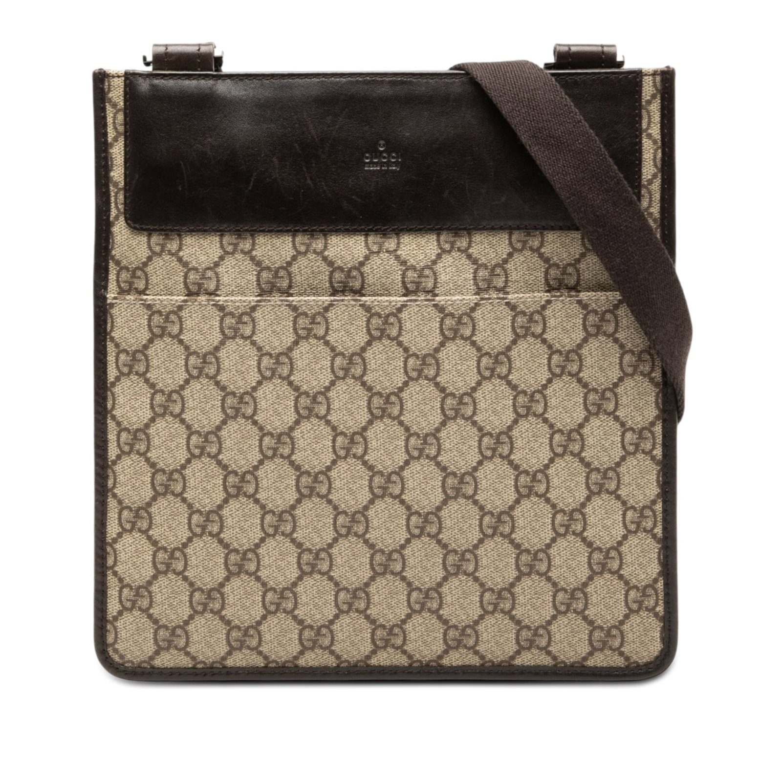Gucci GG Supreme Beige Coated Canvas Crossbody Bag: Gucci GG Supreme Beige Coated Canvas Crossbody Bag This Gucci GG Supreme Crossbody bag features a coated canvas body with leather trim, an adjustable flat strap, an open top, exterior slip pocket, and