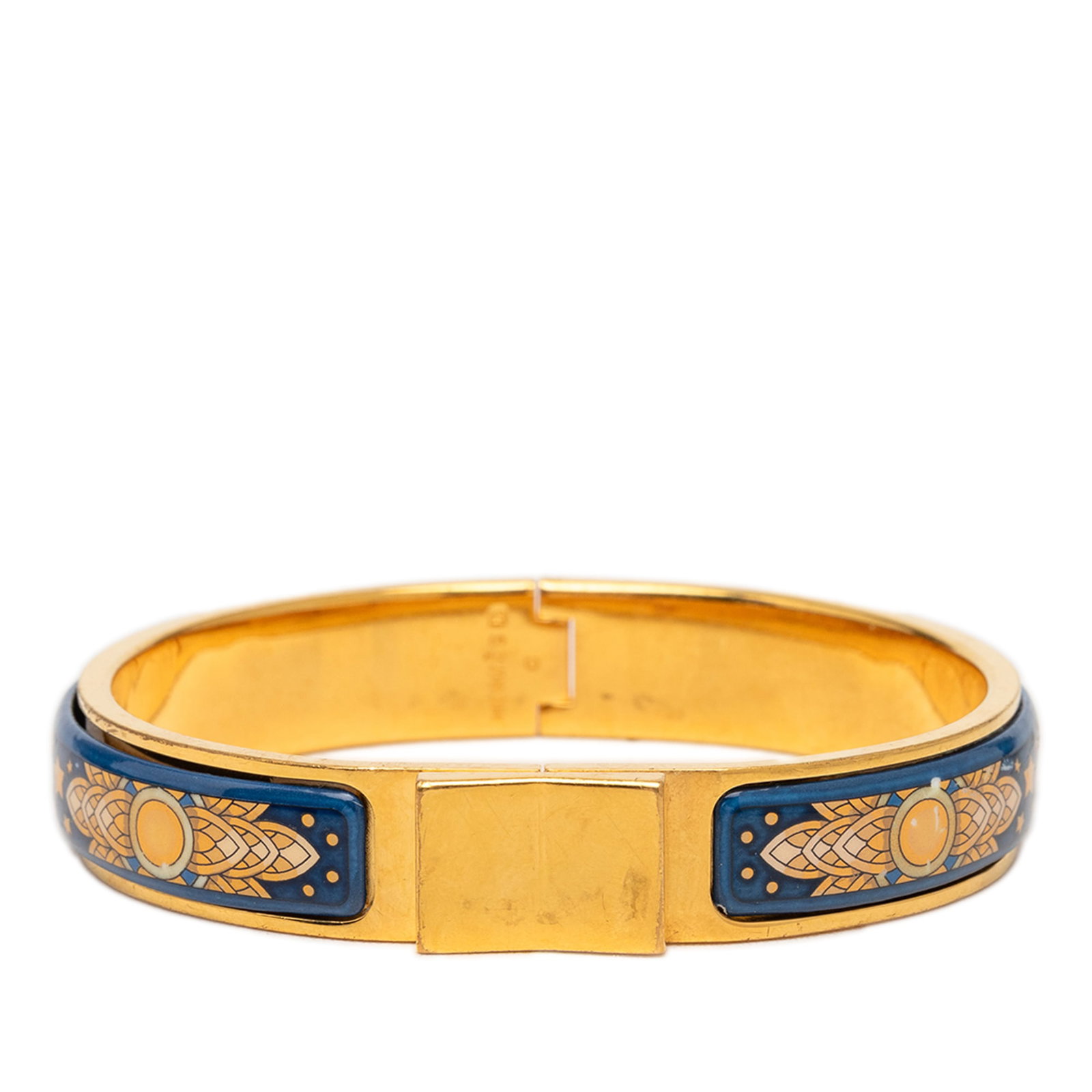 Hermes Loquet Narrow Printed Enamel Hinged Bracelet: Hermes Loquet Narrow Printed Enamel Hinged Bracelet Hermes narrow Loquet hinge bracelet crafted with printed enamel and gold-tone metal. This bracelet is made in France and features a hinged closure. 