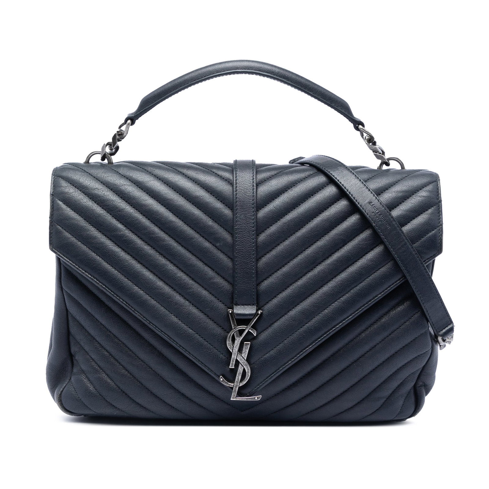 Saint Laurent College Satchel Large Blue Chevron Sheepskin Leather: Saint Laurent College Satchel Large Blue Chevron Sheepskin Leather This Saint Laurent College satchel is crafted in quilted sheepskin leather and finished in blue. It features a flat leather top handl