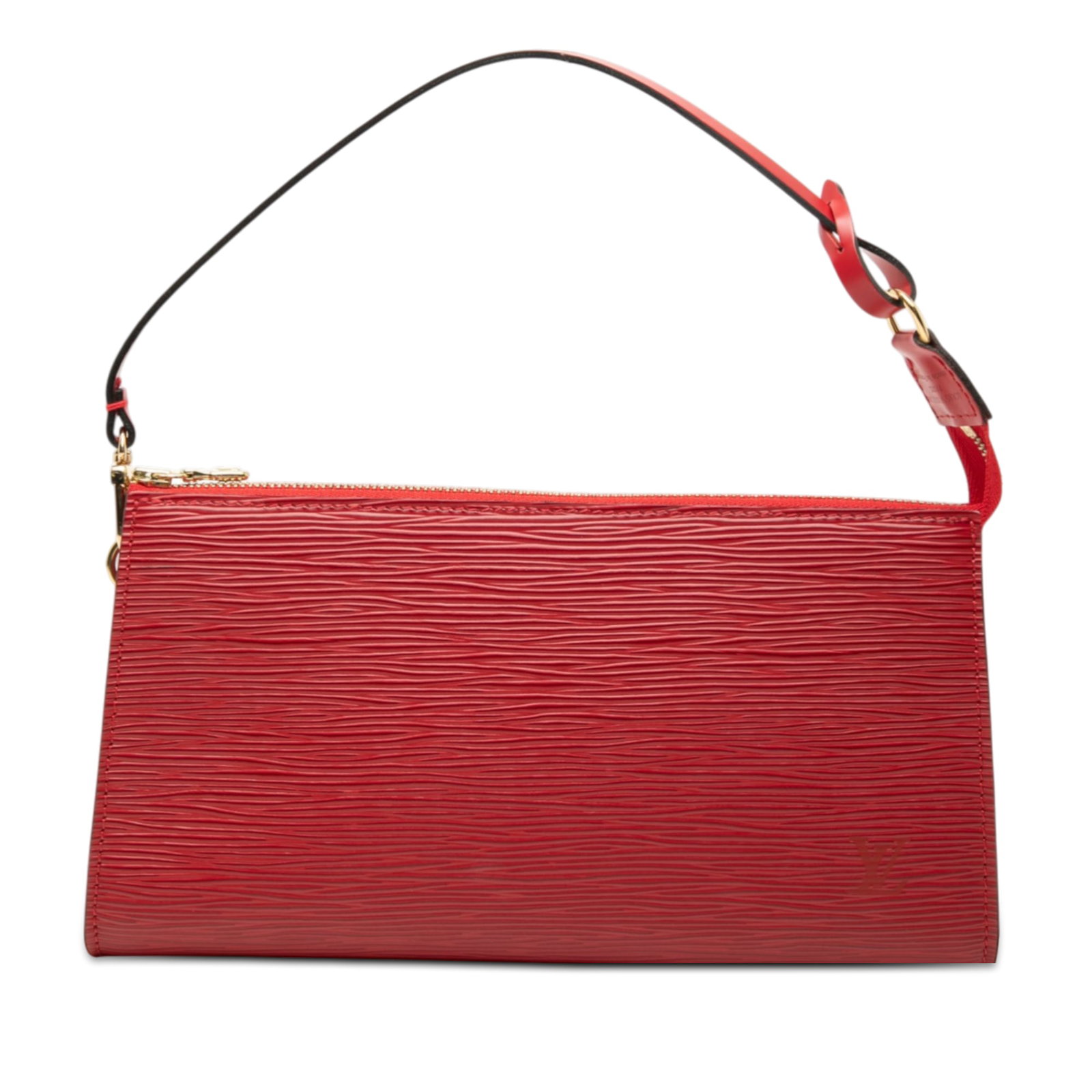 Louis Vuitton red Epi leather Pochette Accessoires bag: Louis Vuitton red Epi leather Pochette Accessoires bag This Louis Vuitton Epi Pochette Accessoires features a red epi leather body, a flat leather shoulder strap, and a top zip closure. The bag is cra