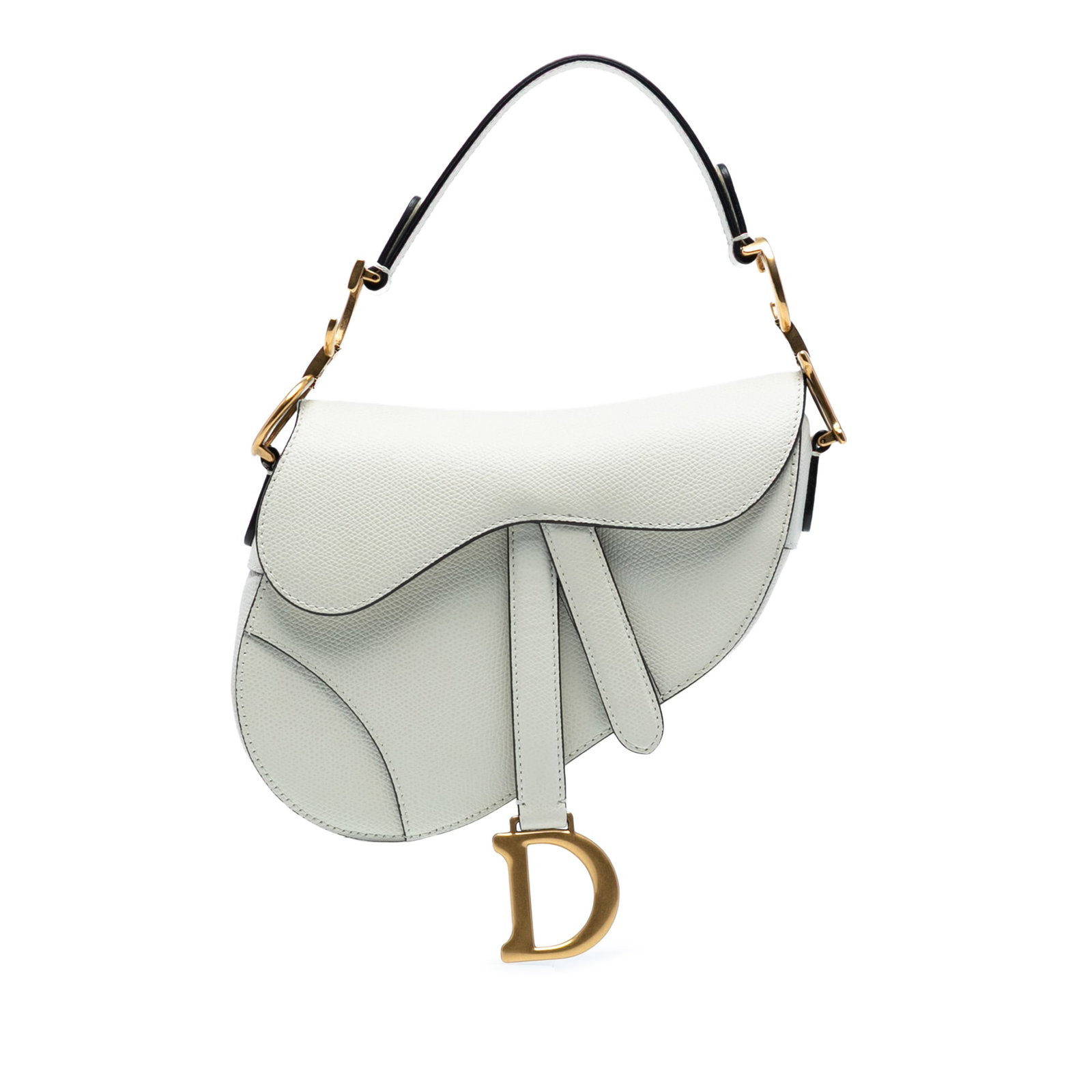 Dior Mini Grained Calfskin Saddle Bag White Leather: Dior Mini Grained Calfskin Saddle Bag White Leather The Dior Mini Grained Calfskin Saddle Bag is a stylish accessory crafted from high-quality leather. This bag features a flat leather handle and a fr