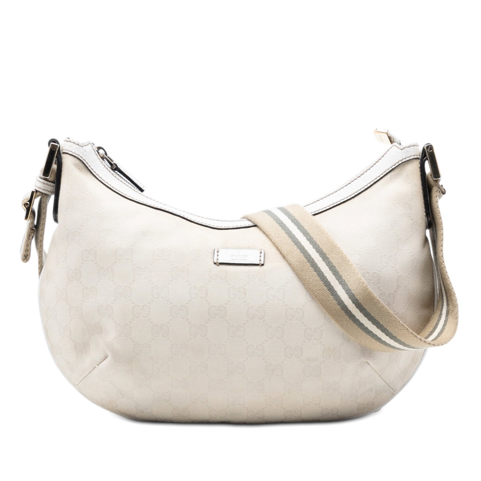 Beige Gucci GG Canvas Web Shoulder Bag with Leather Trim: Beige Gucci GG Canvas Web Shoulder Bag with Leather Trim This Gucci GG Canvas Web Crossbody bag features a beige canvas body with leather trim, a flat strap, top zip closure, and interior zip and slip