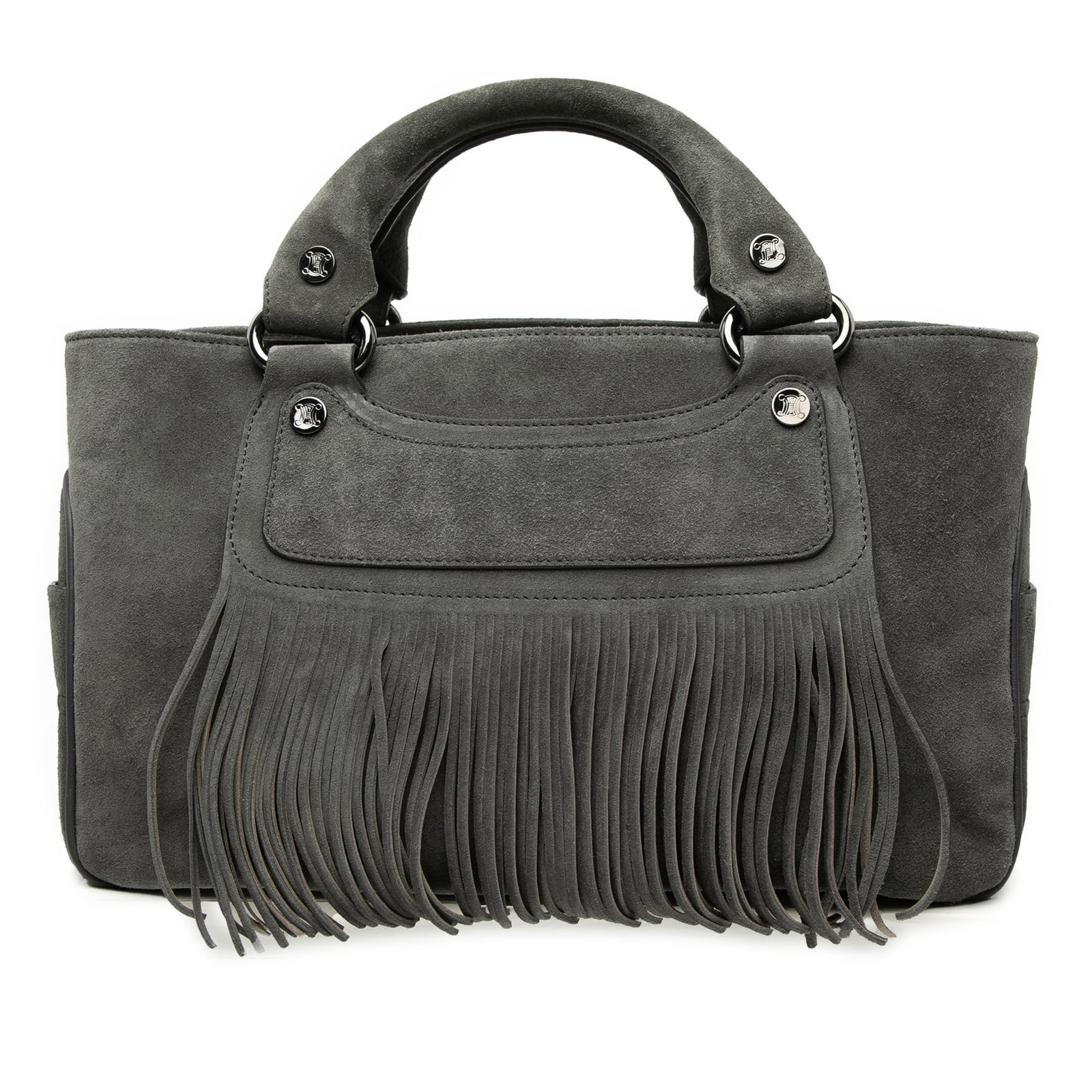 Celine Boogie Gray Suede Fringe Leather Tote with Side Pockets: Celine Boogie Gray Suede Fringe Leather Tote with Side Pockets This handbag features a gray suede body with fringe details, rolled handles, an open top with zip compartment, exterior side slip pockets