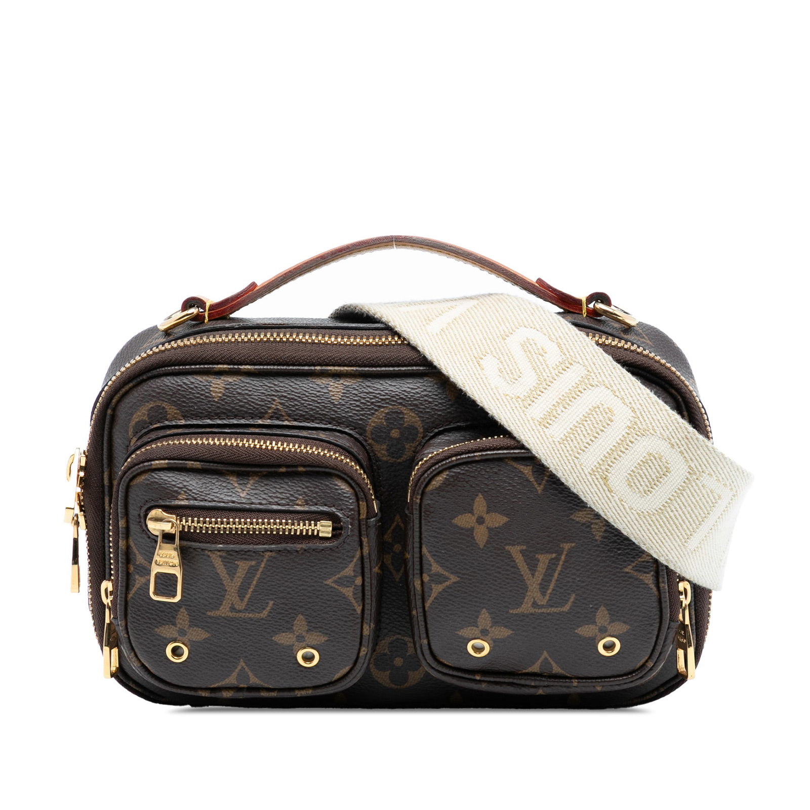 Louis Vuitton Brown Monogram Canvas Utility Satchel with Leather Handle: Louis Vuitton Brown Monogram Canvas Utility Satchel with Leather Handle This Louis Vuitton Monogram Utility Satchel showcases the brand's iconic monogram canvas paired with a flat vachetta leather top