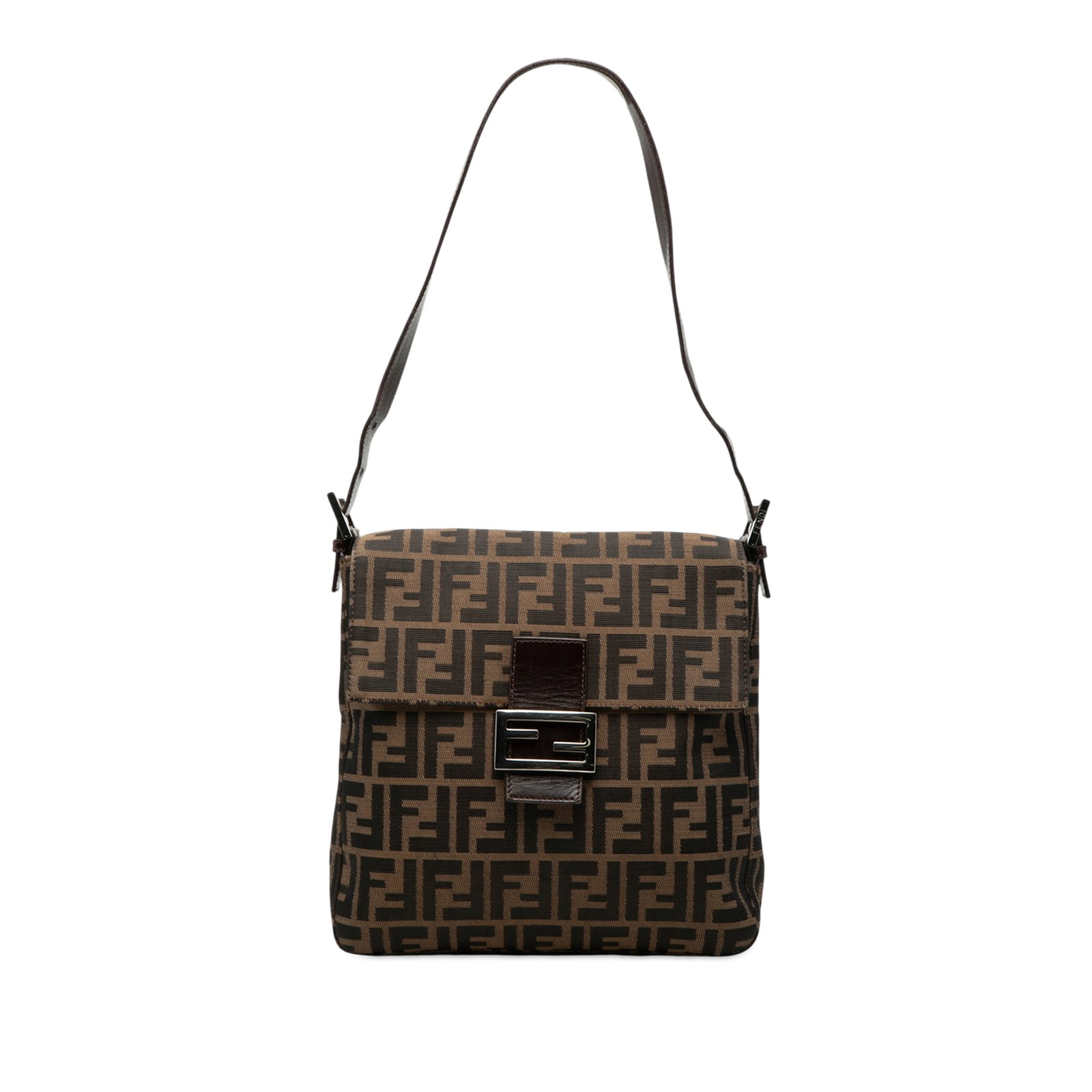 Fendi Zucca Canvas Brown Shoulder Bag: Fendi Zucca Canvas Brown Shoulder Bag This Fendi Zucca Canvas Shoulder Bag features a brown canvas body accented with a flat leather shoulder strap. The design includes a front flap with a magnetic cl