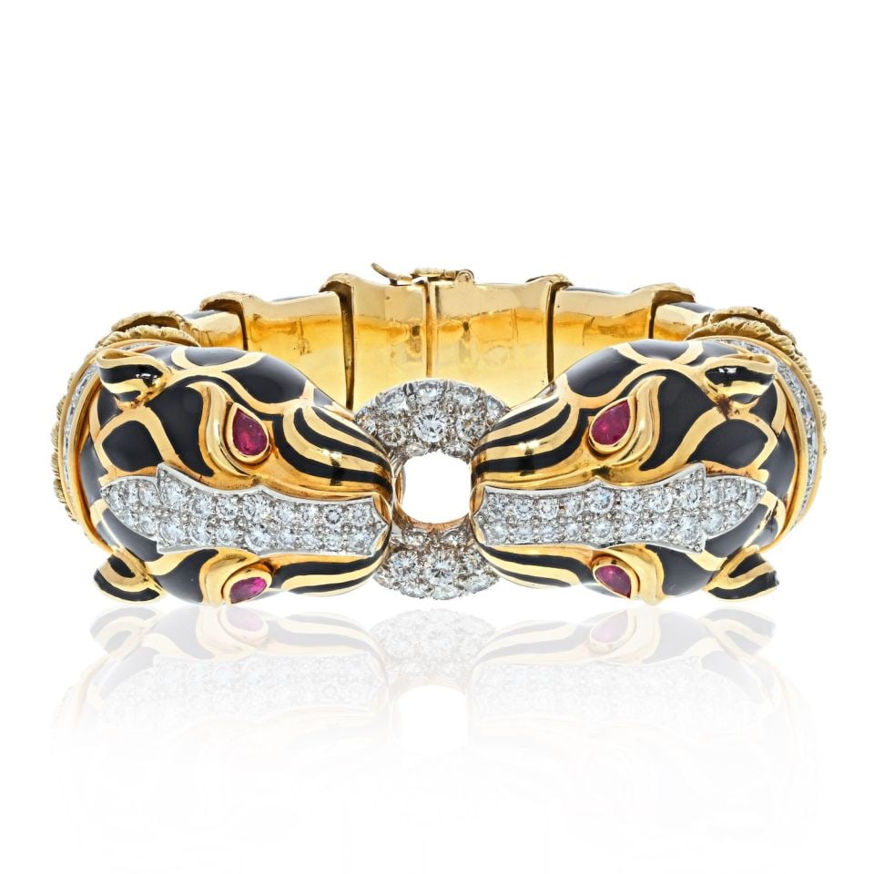 David Webb Platinum 18K Gold Black Enamel Lion Bracelet 5.5ct Diamonds (1 of 1)