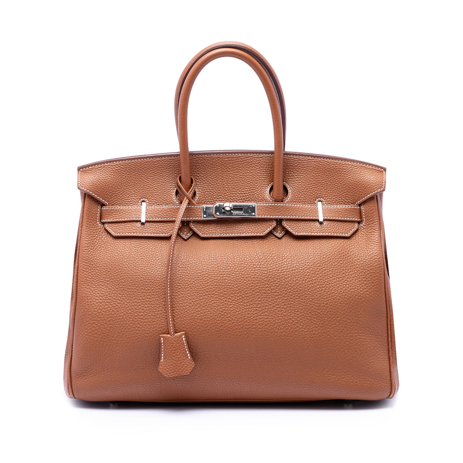 Hermes Birkin 35 Retourne Togo Leather Bag: Hermes Birkin 35 Retourne Togo Leather Bag Hermes Togo Birkin Retourne 35 in Gold-colored Togo leather with rolled leather handles and a front flap turn-lock closure. The interior includes open and zi