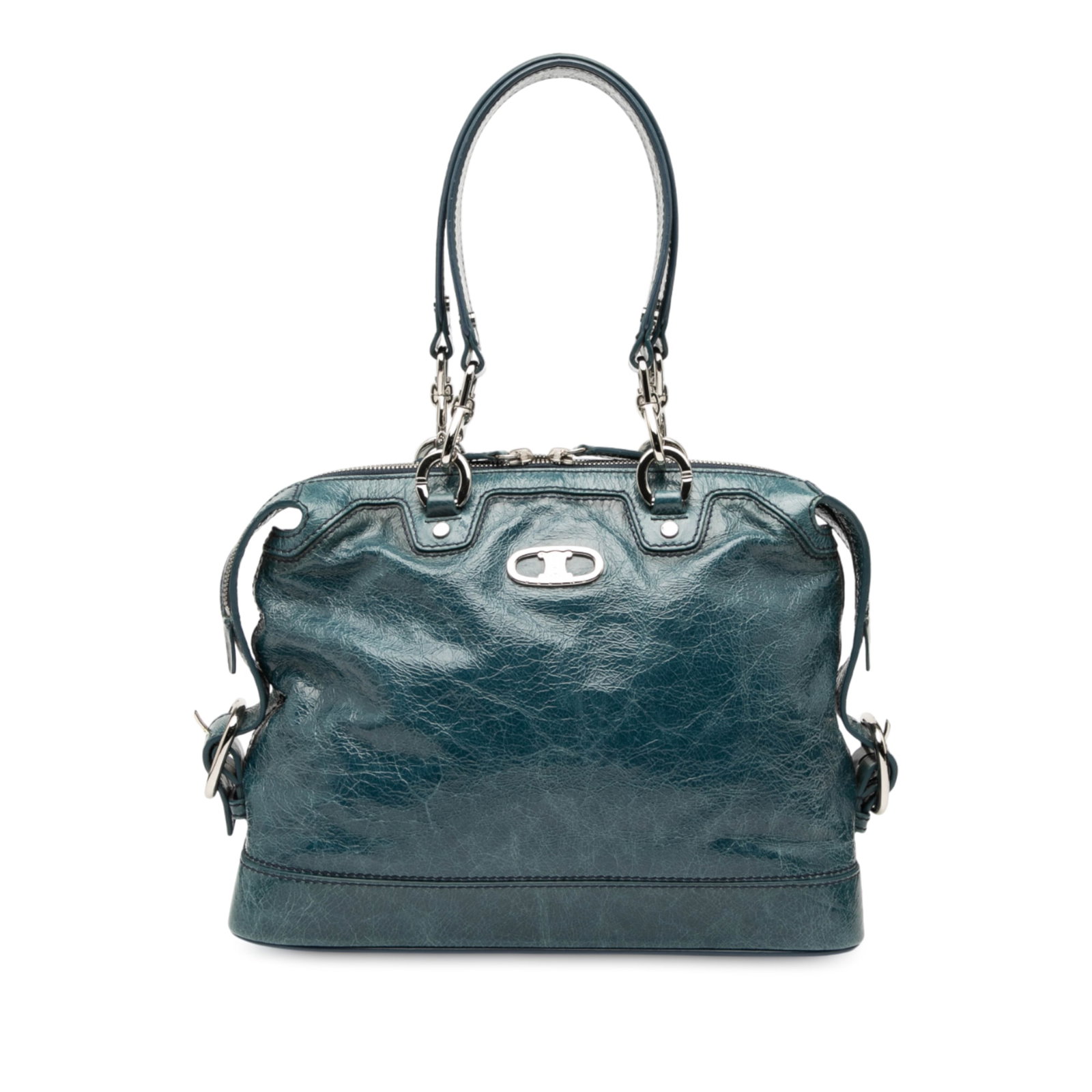 Celine Blue Crinkled Patent Leather Macadam Shoulder Bag: Celine Blue Crinkled Patent Leather Macadam Shoulder Bag This Celine Crinkled Patent Macadam Shoulder Bag features a blue patent leather body with flat leather handles, a top zip closure, and interior