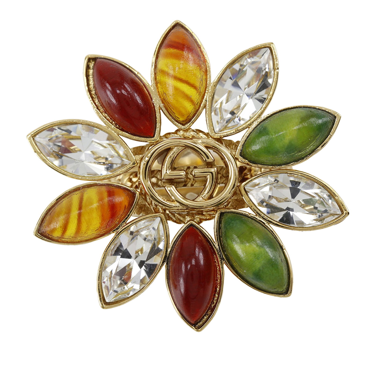 Gucci Interlocking G Flower Ring Gold Plated Strass: Gucci Interlocking G Flower Ring Gold Plated Strass Gold-plated Gucci ring with an interlocking G flower design and rhinestone detailing. Made in Italy, this costume jewelry piece includes the box. Co
