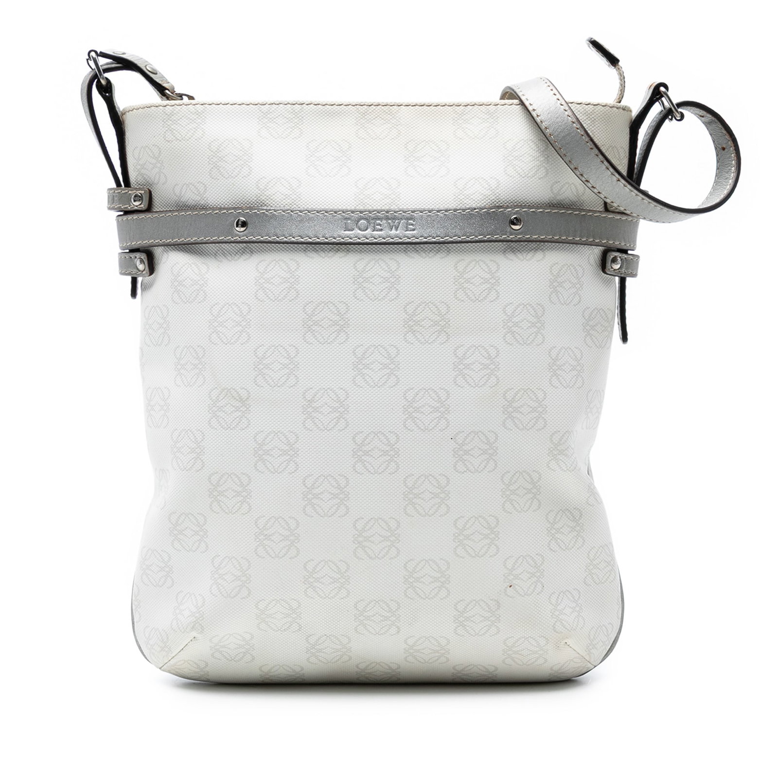 LOEWE Anagram White Coated Canvas Crossbody Bag with Leather Trim: LOEWE Anagram White Coated Canvas Crossbody Bag with Leather Trim Elevate your accessory collection with the LOEWE Anagram Coated Canvas Crossbody. This stylish bag features a durable coated canvas bo