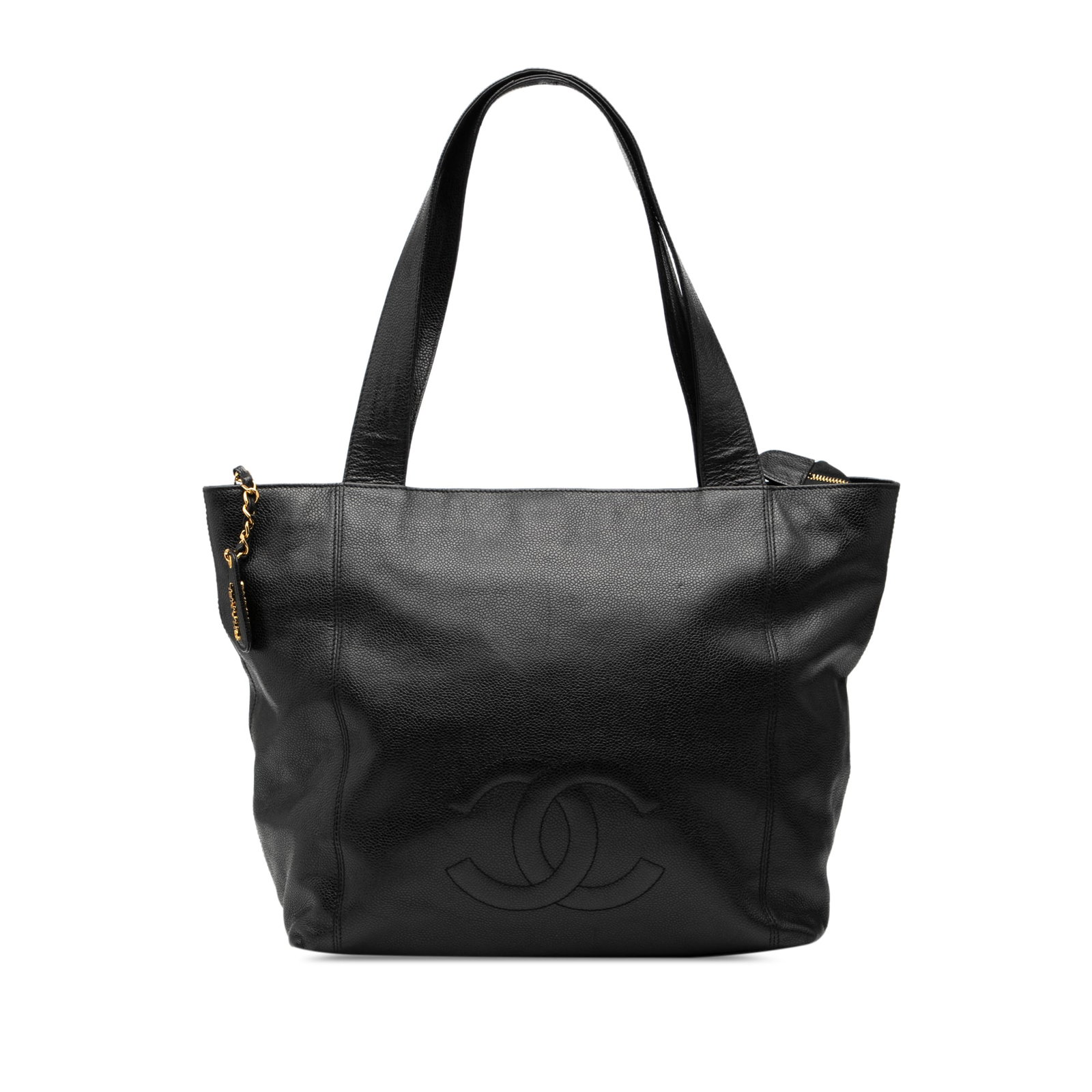 Black Caviar Leather Tote with CC Logo by Chanel: Black Caviar Leather Tote with CC Logo by Chanel This Chanel CC Caviar Tote features a caviar leather body in black, flat leather straps, a top zip closure, and an interior zip pocket. The bag shows s