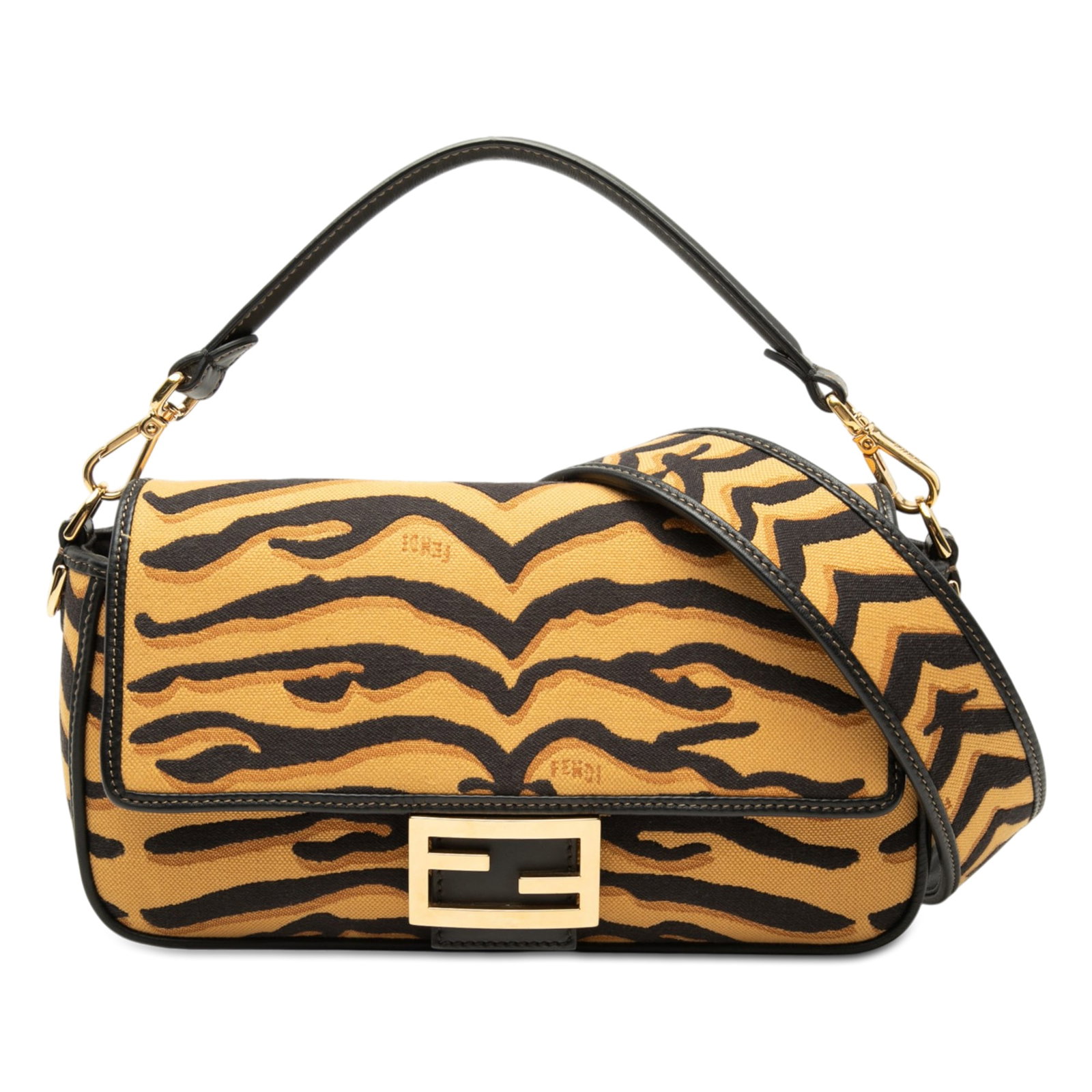 Fendi Baguette Tiger Print Embroidered Canvas Satchel Bag: Fendi Baguette Tiger Print Embroidered Canvas Satchel Bag This Fendi Baguette satchel is made from printed canvas with leather trim and features an embroidered tiger print design. It includes a detach