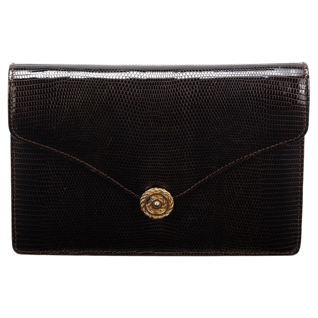 Gucci Vintage Brown Lizard Clutch and Wallet Set: Gucci Vintage Brown Lizard Clutch and Wallet Set Elevate your accessory collection with this exquisite Gucci vintage brown lizard clutch and wallet set. This luxurious pochette is crafted from fine li