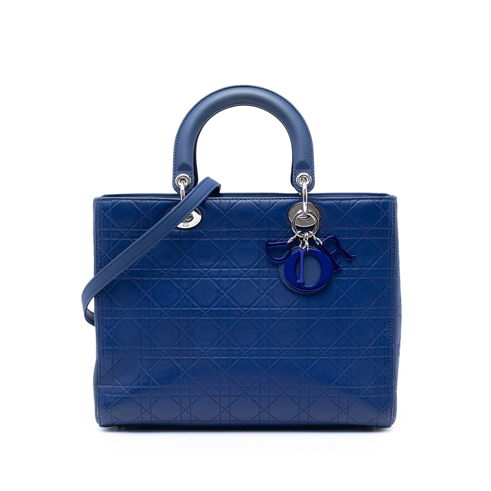 Dior Lady Dior Large Blue Cannage Calfskin Handbag: Dior Lady Dior Large Blue Cannage Calfskin Handbag A large Lady Dior bag in blue ultra matte calfskin leather with cannage embossing. It features rolled top handles, a detachable flat leather strap, a