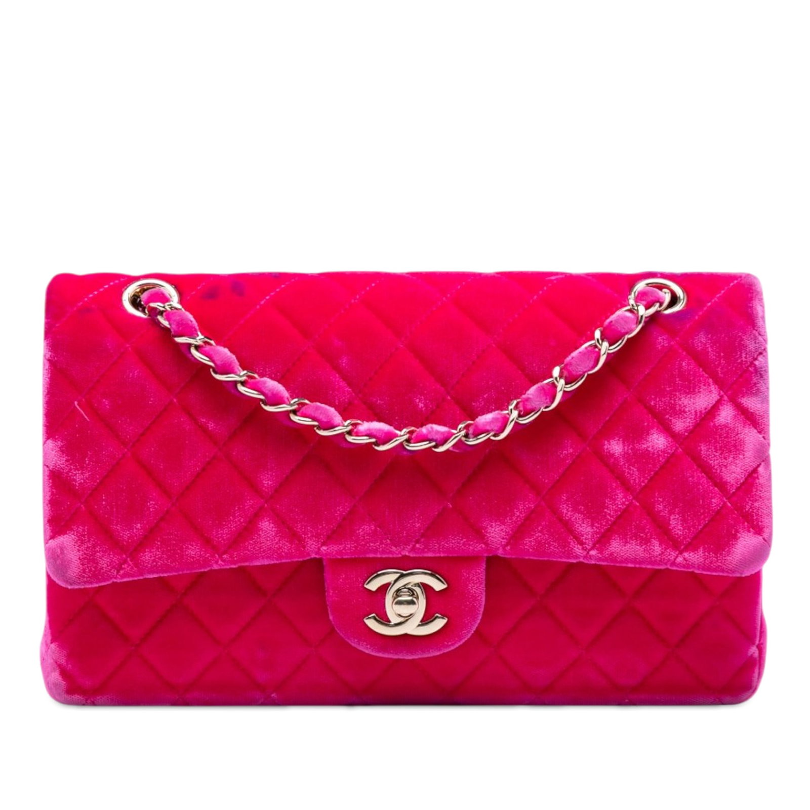 Chanel Medium Classic Double Flap Shoulder Bag Pink Velvet: Chanel Medium Classic Double Flap Shoulder Bag Pink Velvet A Chanel Medium Classic Velvet Double Flap shoulder bag in pink, made in France. It features a quilted velvet body, velvet woven chain straps