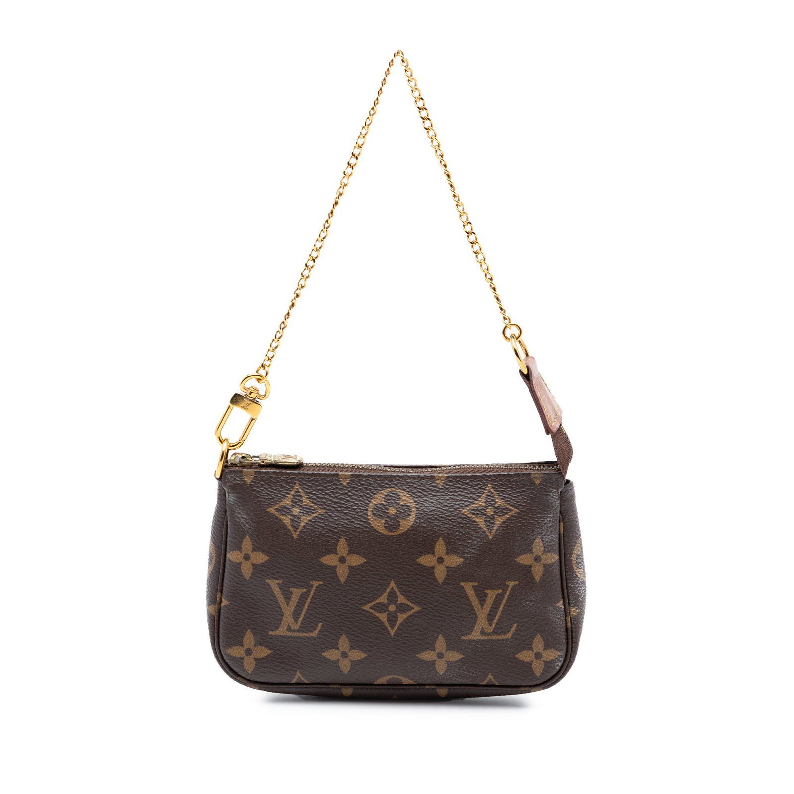 Louis Vuitton Mini Pochette Monogram canvas pouch: Louis Vuitton Mini Pochette Monogram canvas pouch This Louis Vuitton Monogram Mini Pochette Accessoires features the iconic monogram canvas, complemented by a gold-tone chain strap and a secure top zi