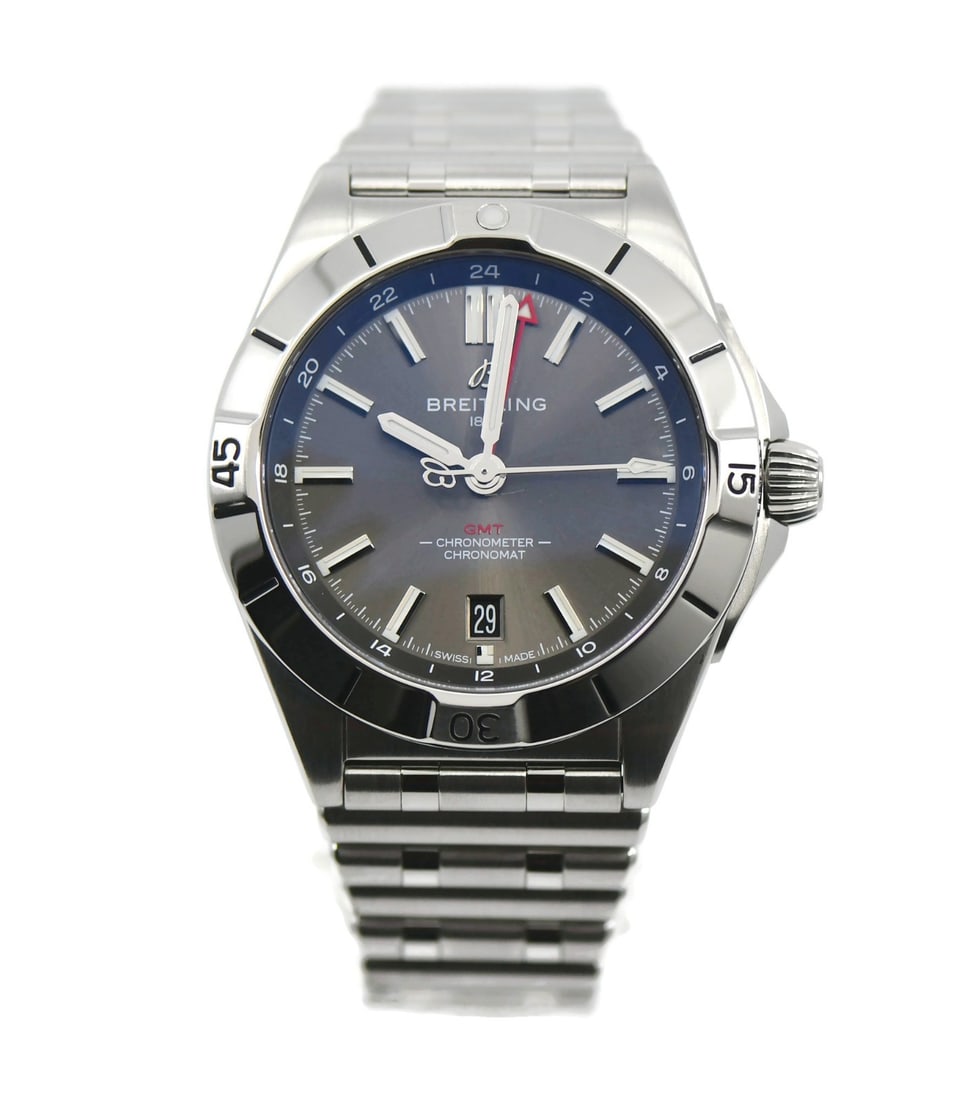 Breitling A32398 Chronomat GMT automatic stainless steel wristwatch: Breitling A32398 Chronomat GMT automatic stainless steel wristwatch Breitling Chronomat GMT wristwatch in stainless steel with a silver bezel, silver case and silver stainless steel bracelet. It featu