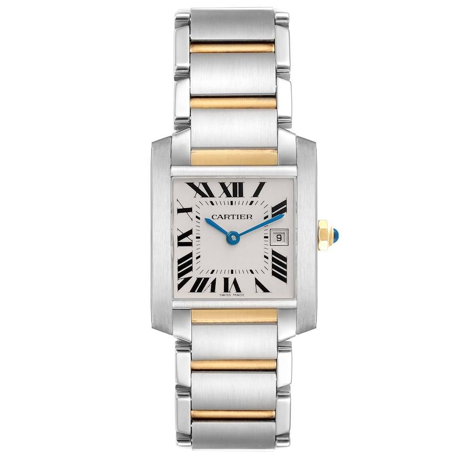 Cartier Ref. 2465 Tank Francaise Midsize Watch White Roman Dial 2-Tone: Cartier Ref. 2465 Tank Francaise Midsize Watch White Roman Dial 2-Tone Cartier Tank Francaise Midsize wristwatch with a white Roman dial, smooth bezel, and 2-tone bracelet. This unisex watch is identi