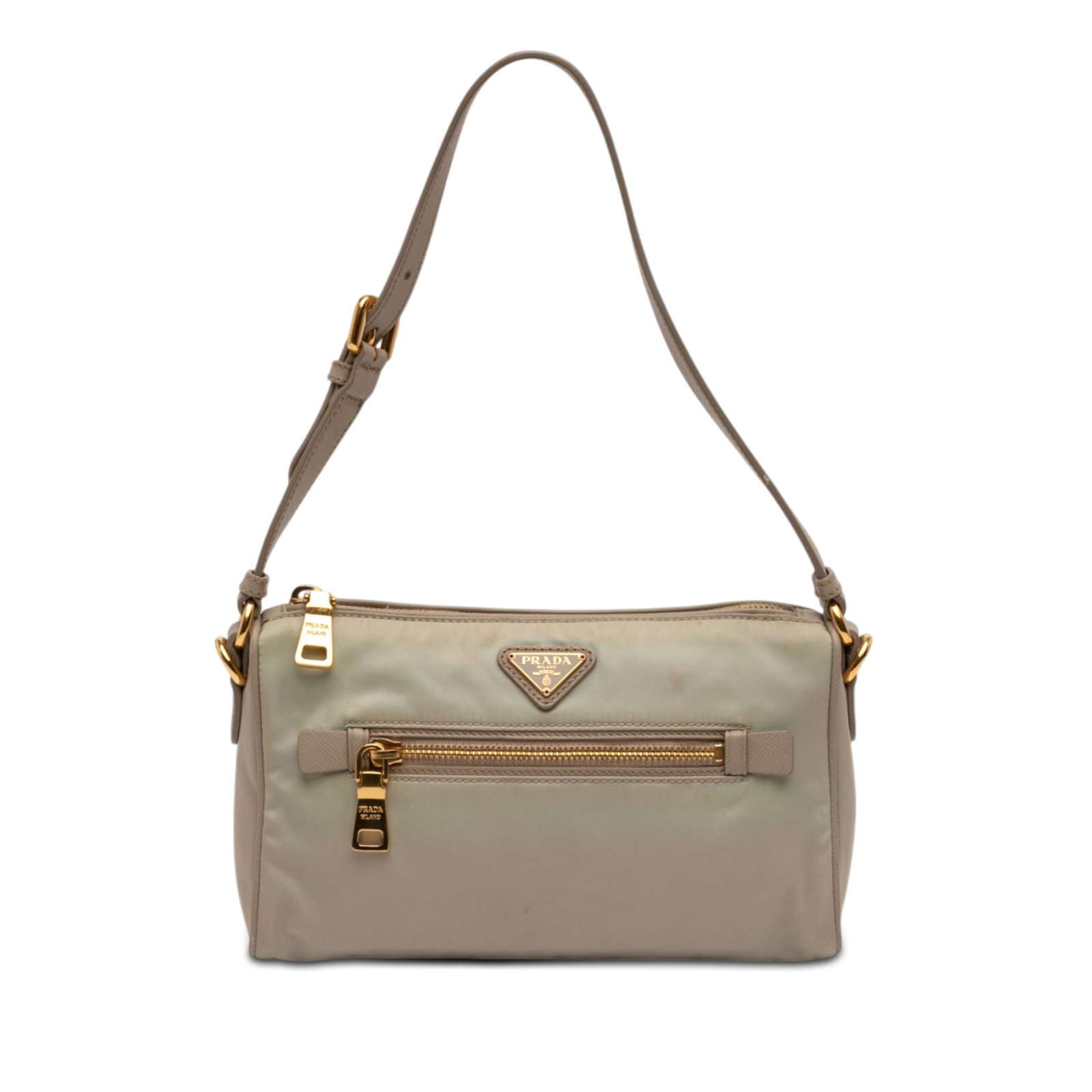 Prada Tessuto Shoulder Bag with Saffiano Trim and Front Zip Pocket: Prada Tessuto Shoulder Bag with Saffiano Trim and Front Zip Pocket Prada Saffiano Trimmed Tessuto Pocket Shoulder Bag in beige nylon with saffiano leather trim. This shoulder bag features an adjustabl