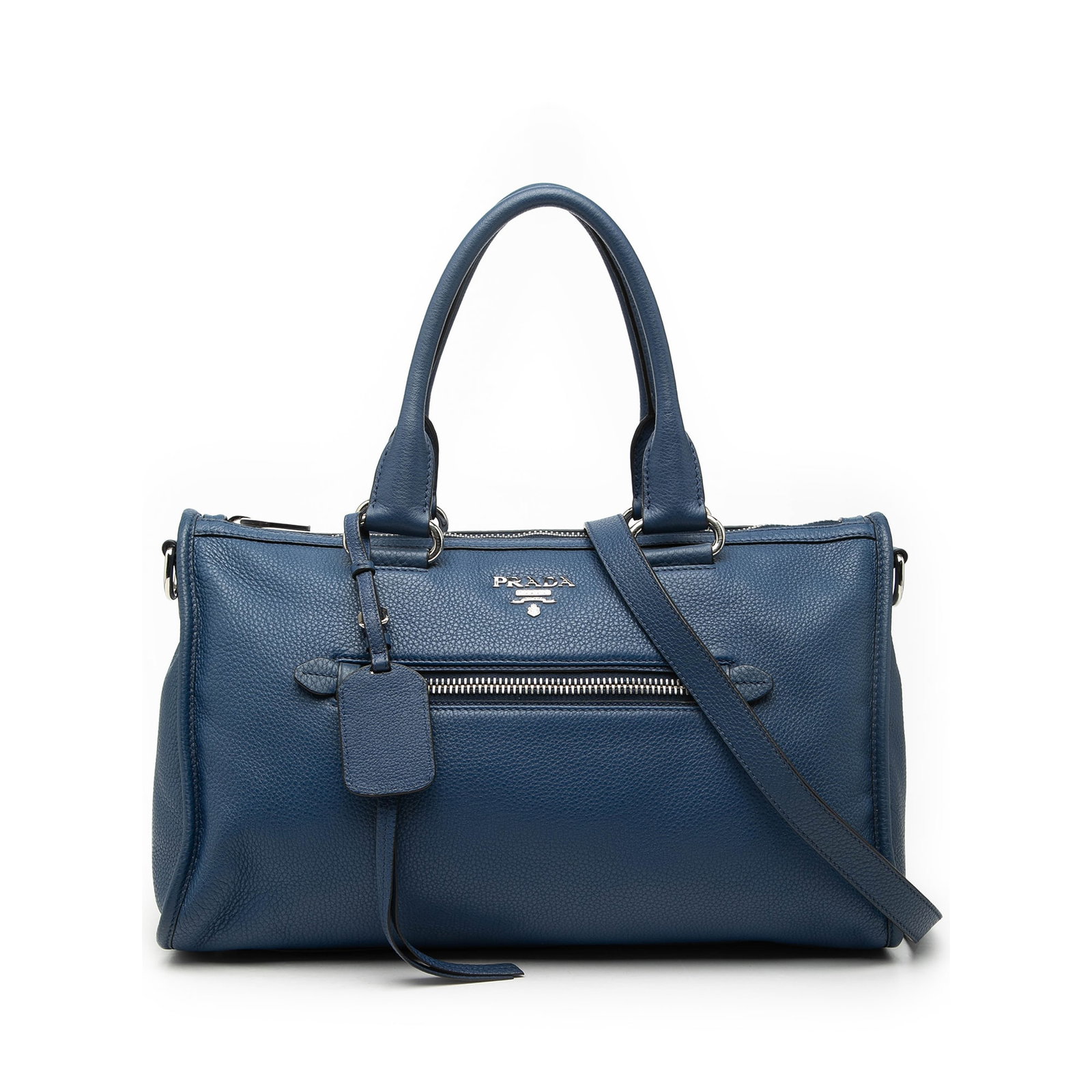 Blue Leather Satchel Bag by Prada Vitello Phenix with Zip Top: Blue Leather Satchel Bag by Prada Vitello Phenix with Zip Top The Prada Vitello Phenix Zip Top Satchel is crafted from blue leather and features rolled leather top handles, a detachable and adjustable