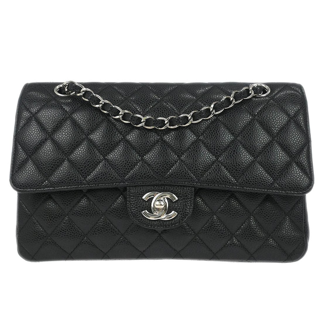 CHANEL Medium Classic Double Flap Shoulder Bag Black Leather: CHANEL Medium Classic Double Flap Shoulder Bag Black Leather Chanel Medium Classic Double Flap shoulder bag in black caviar skin leather. This women's shoulder bag features a turn-lock closure and cha