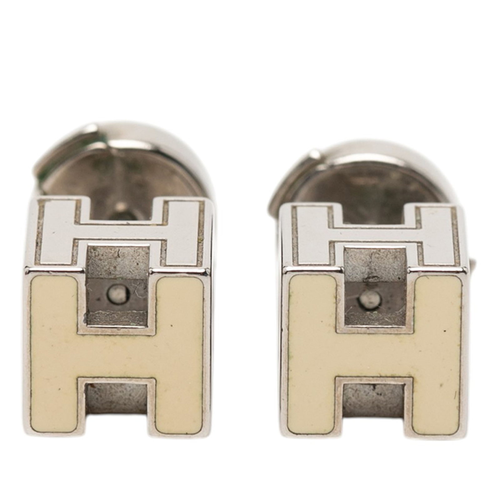 Hermes Cage d H Cube Palladium Plated Earrings: Hermes Cage d H Cube Palladium Plated Earrings These Hermes Cage d'H Cube earrings feature a palladium-plated metal body with a push lock closure. The earrings are silver in color and originate from F