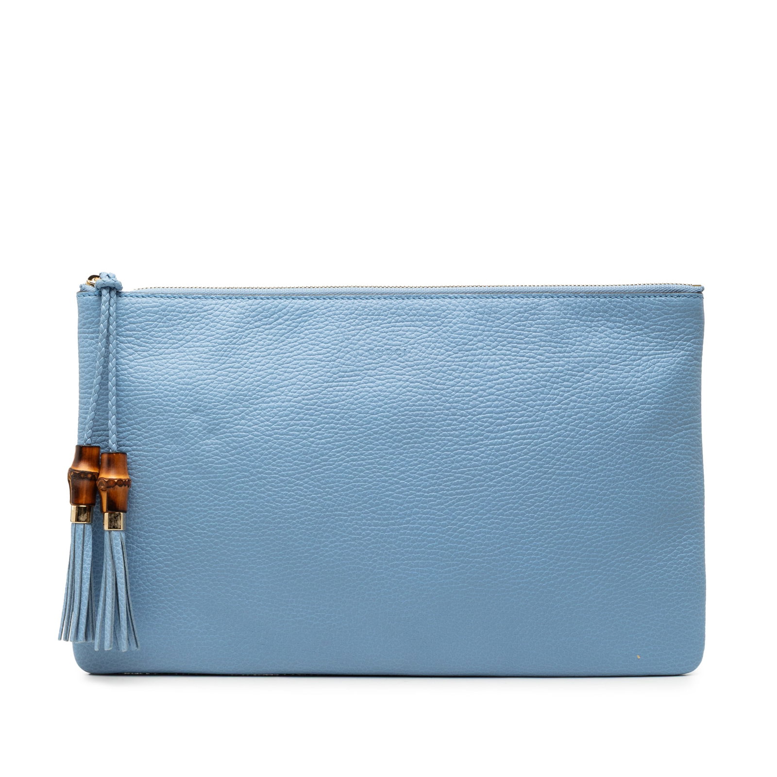 Gucci Leather Clutch With Bamboo Tassel Detail Blue: Gucci Leather Clutch With Bamboo Tassel Detail Blue This Gucci clutch bag showcases a blue leather body with a top zip closure, accented by distinctive bamboo tassel pulls. The interior features a sli