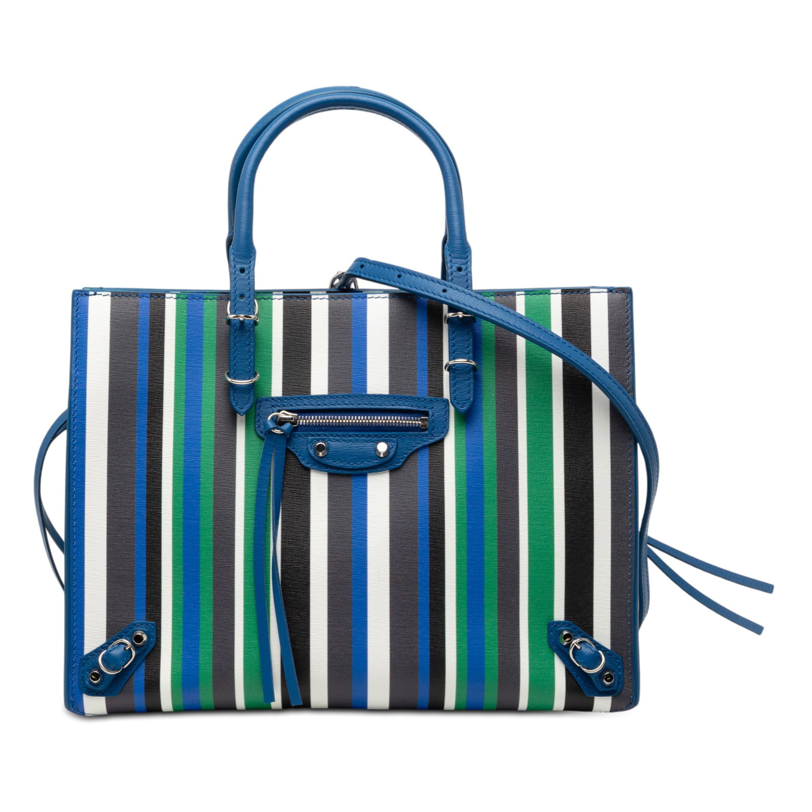 Mini Papier A6 Blue Leather Satchel with Striped Design and Zip Closure: Mini Papier A6 Blue Leather Satchel with Striped Design and Zip Closure This Balenciaga Mini Leather Striped Papier A6 Zip Around Satchel features a leather body with rolled leather handles, a detacha