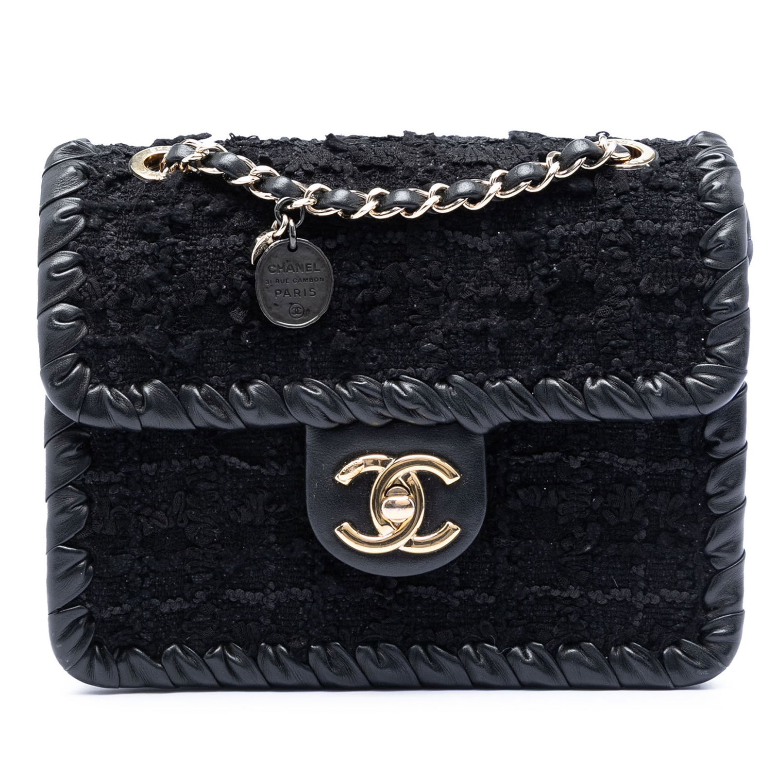 Chanel Mini Tweed Flap Crossbody Bag: Chanel Mini Tweed Flap Crossbody Bag This Chanel Mini Tweed My Own Frame Flap crossbody bag features a tweed body accented with leather trim, a leather-woven chain strap with a leather guard, a front 