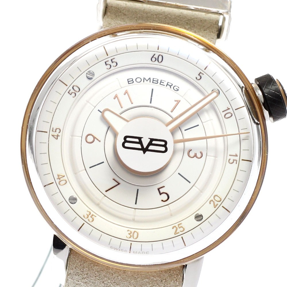 BOMBERG BB-01 Quartz Ladies Wristwatch 38mm Leather Strap: BOMBERG BB-01 Quartz Ladies Wristwatch 38mm Leather Strap This BOMBERG BB-01 women's wristwatch features a Swiss-made quartz movement and a stainless steel and gold-plated case. The white dial is comp