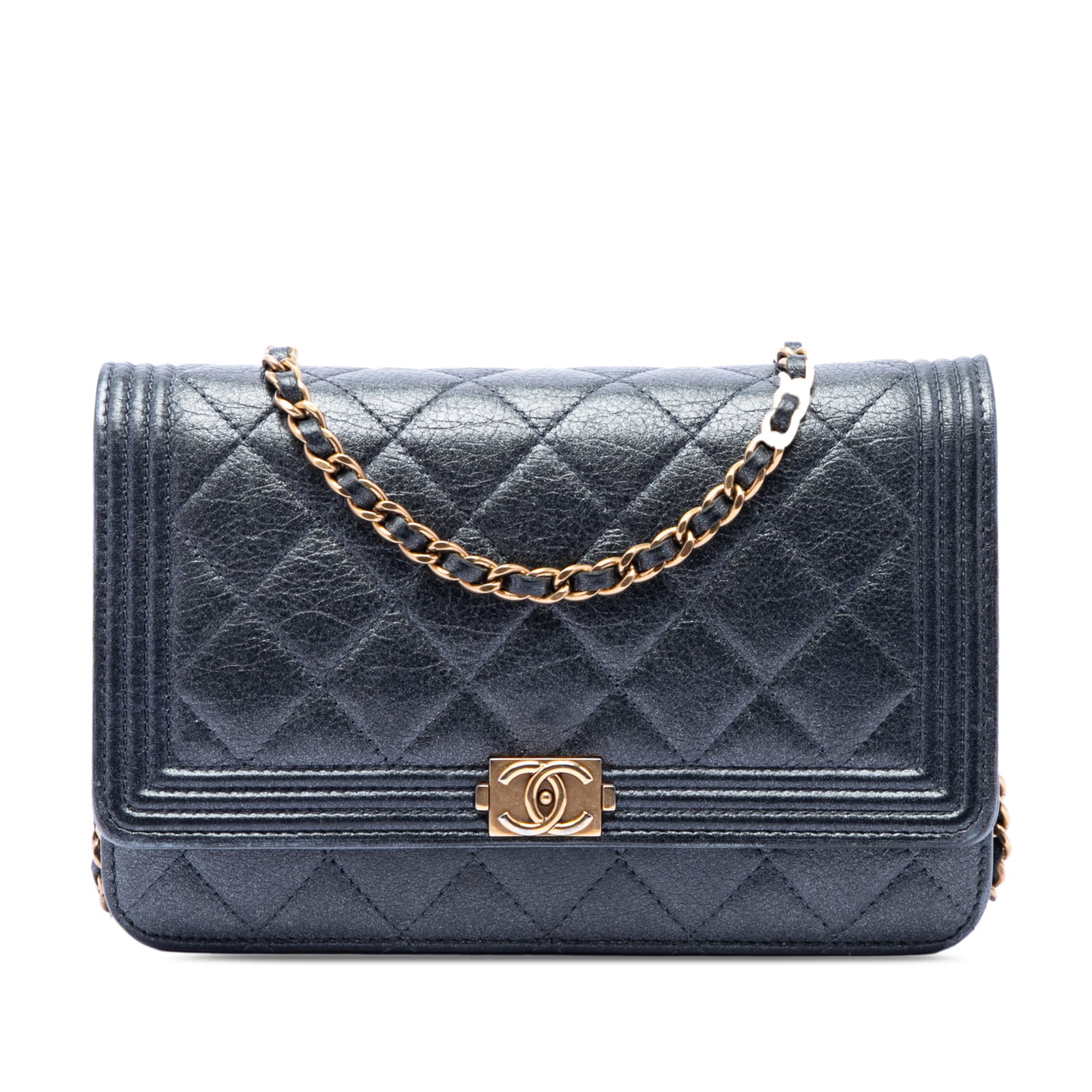 Chanel Boy Wallet on Chain Quilted Metallic Calfskin Black: Chanel Boy Wallet on Chain Quilted Metallic Calfskin Black This Chanel Boy Wallet on Chain features a quilted metallic calfskin leather body in black, complemented by a chain link strap with a leather