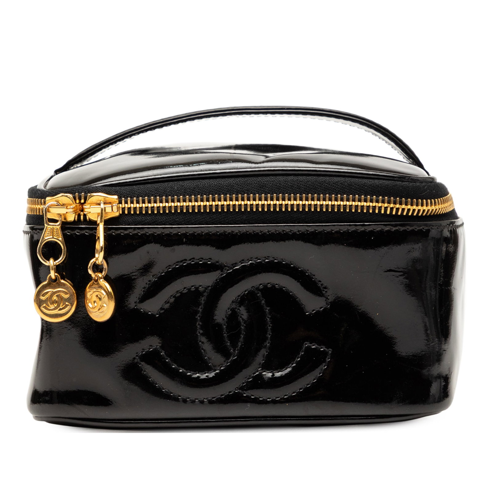 Chanel CC Vanity Bag in Black Patent Leather: Chanel CC Vanity Bag in Black Patent Leather Chanel CC Patent Vanity Bag in black patent leather with a structured silhouette, flat top handle, and zip-around closure. Made in Italy. Condition is B+ w