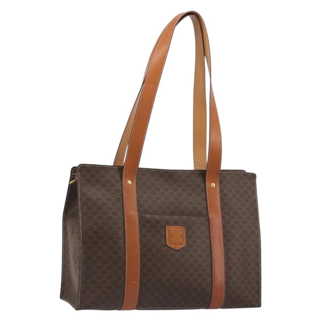 CELINE Macadam Canvas PVC Leather Tote Handbag Brown Gold: CELINE Macadam Canvas PVC Leather Tote Handbag Brown Gold A CELINE tote bag in brown and gold, crafted from PVC leather and Macadam canvas. It features a spacious silhouette with a handle drop of appr