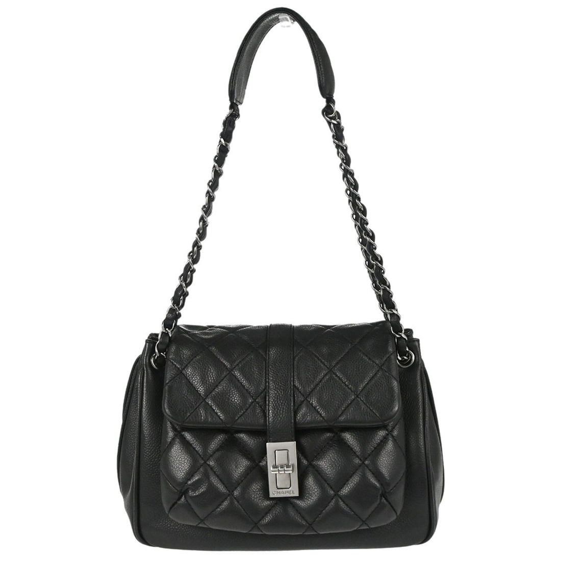 CHANEL Mademoiselle Lock Accordion Flap Shoulder Bag Black Caviar Leather: CHANEL Mademoiselle Lock Accordion Flap Shoulder Bag Black Caviar Leather Chanel Black Calfskin Mademoiselle Lock Accordion Flap Bag in black leather, designed as a shoulder bag with a turn lock closu