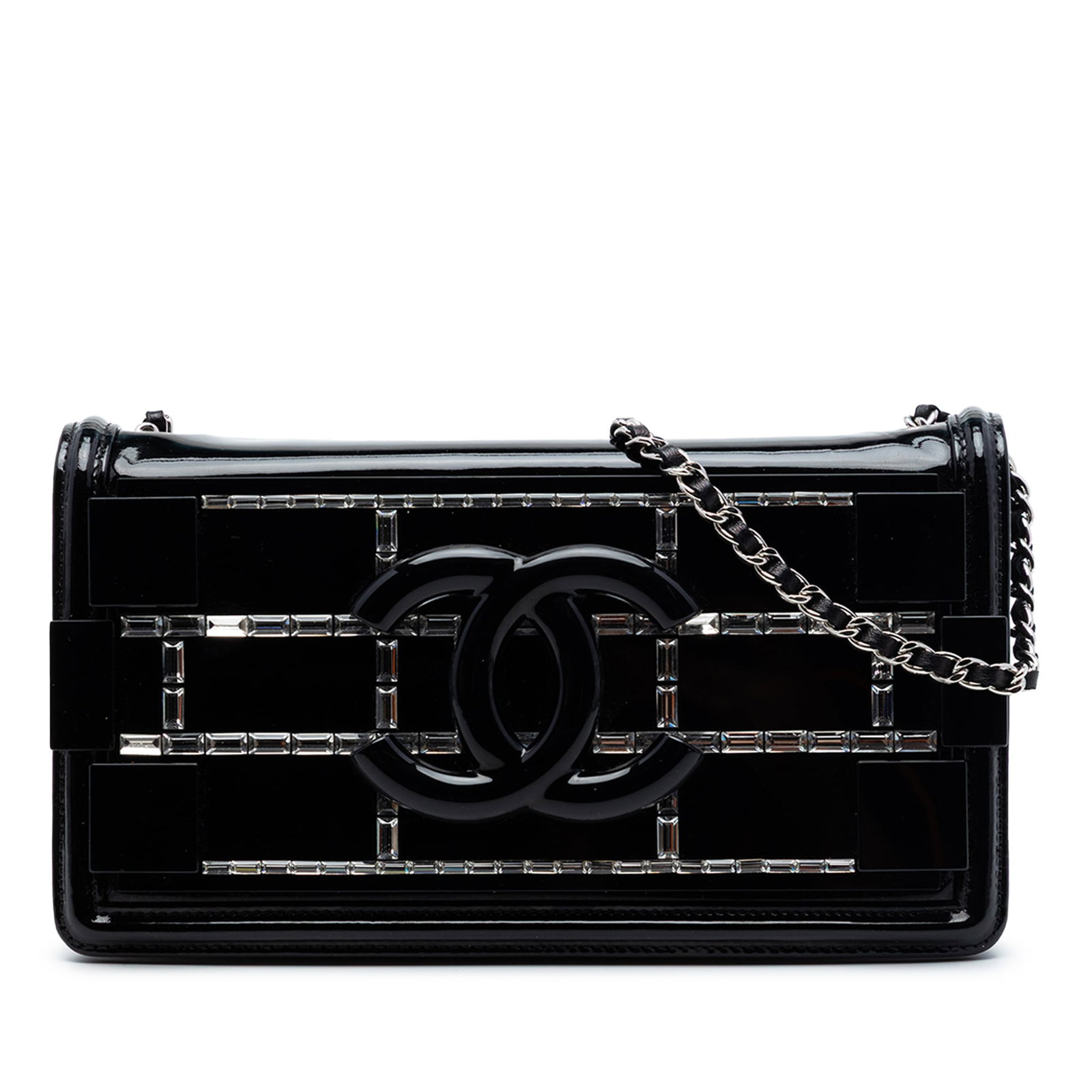 Chanel Boy Brick Horizontal Flap Patent Leather Acrylic Crystal Bag: Chanel Boy Brick Horizontal Flap Patent Leather Acrylic Crystal Bag A Chanel flap bag in black patent leather with acrylic crystal embellishments and a leather-woven chain link strap with a flat leath