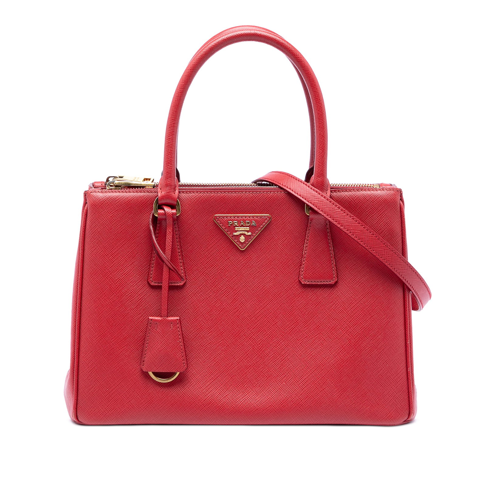 Prada Galleria Medium Saffiano Leather Double Zip Satchel Red: Prada Galleria Medium Saffiano Leather Double Zip Satchel Red A Prada Medium Saffiano Galleria Double Zip Satchel in red leather, made in Italy. It features a saffiano leather body, rolled leather top